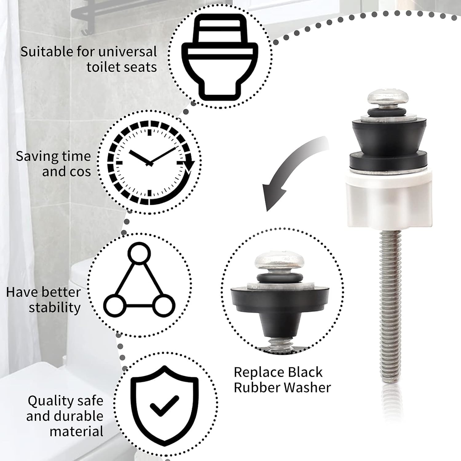 4PCS Universal Toilet Seat Hinge Bolts Kit with Stainless Steel and Rubber Washers