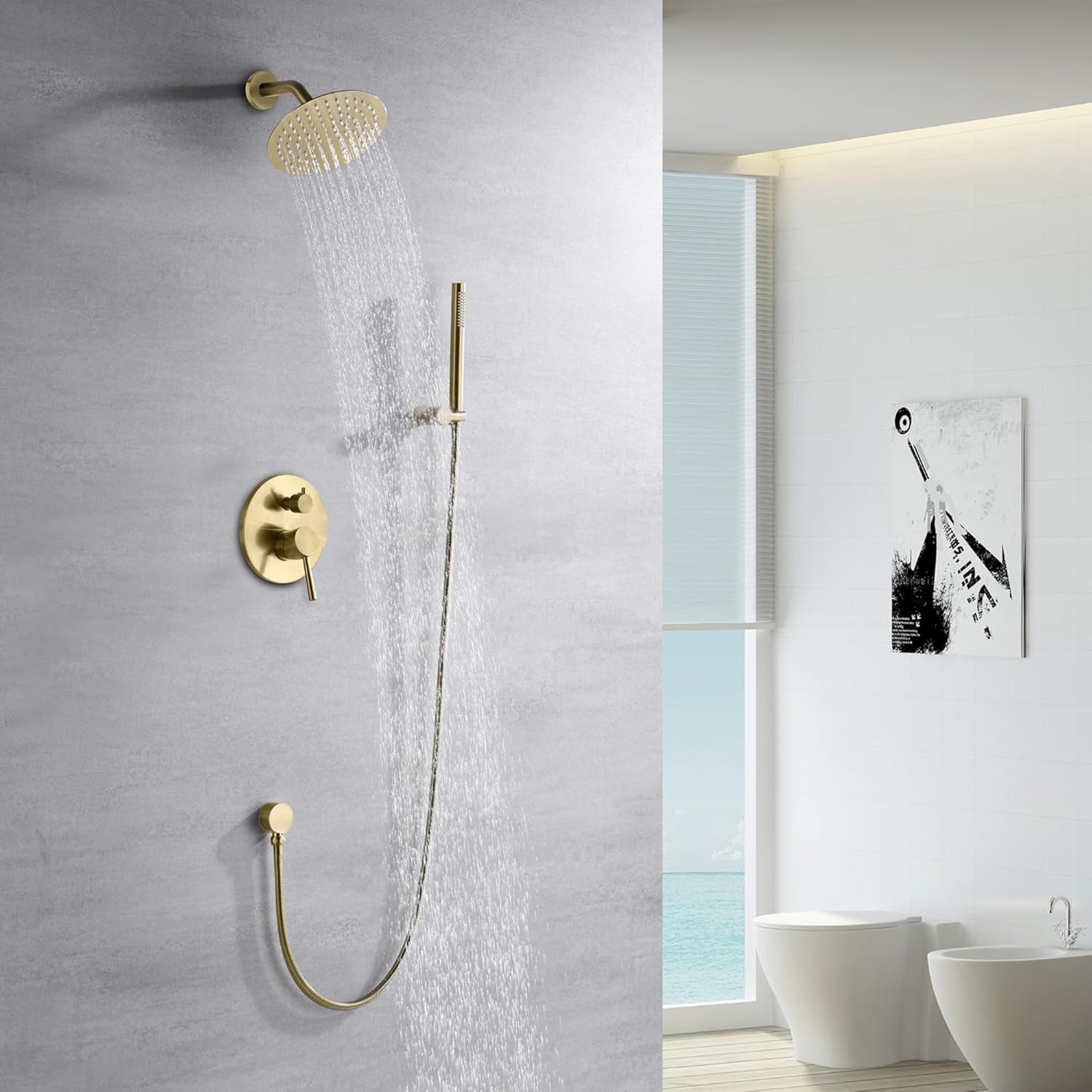 Sumerain Brushed Gold Shower System with Rain Head and Hand Shower