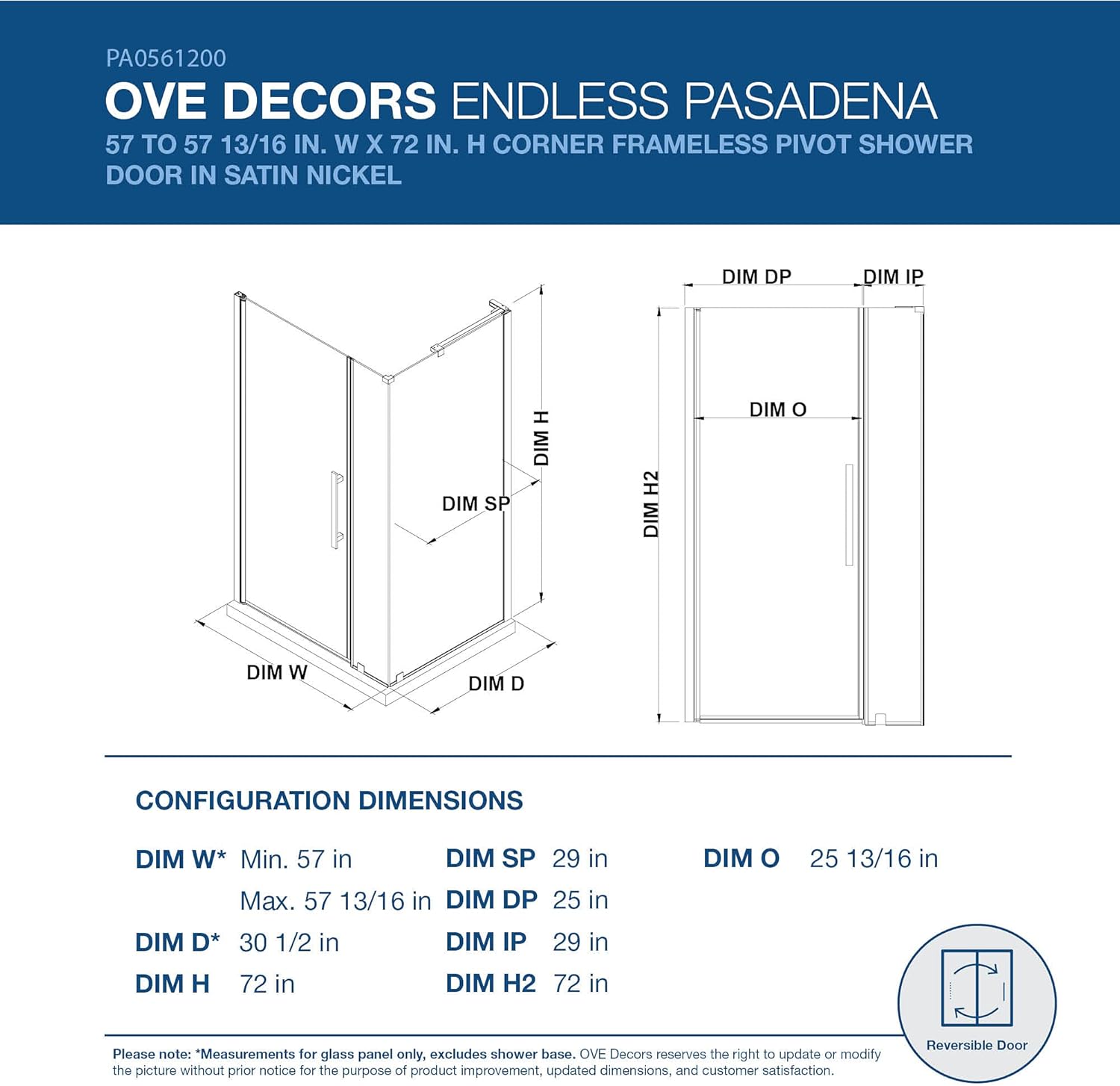 OVE Decors Satin Nickel Frameless Shower Door 58x29