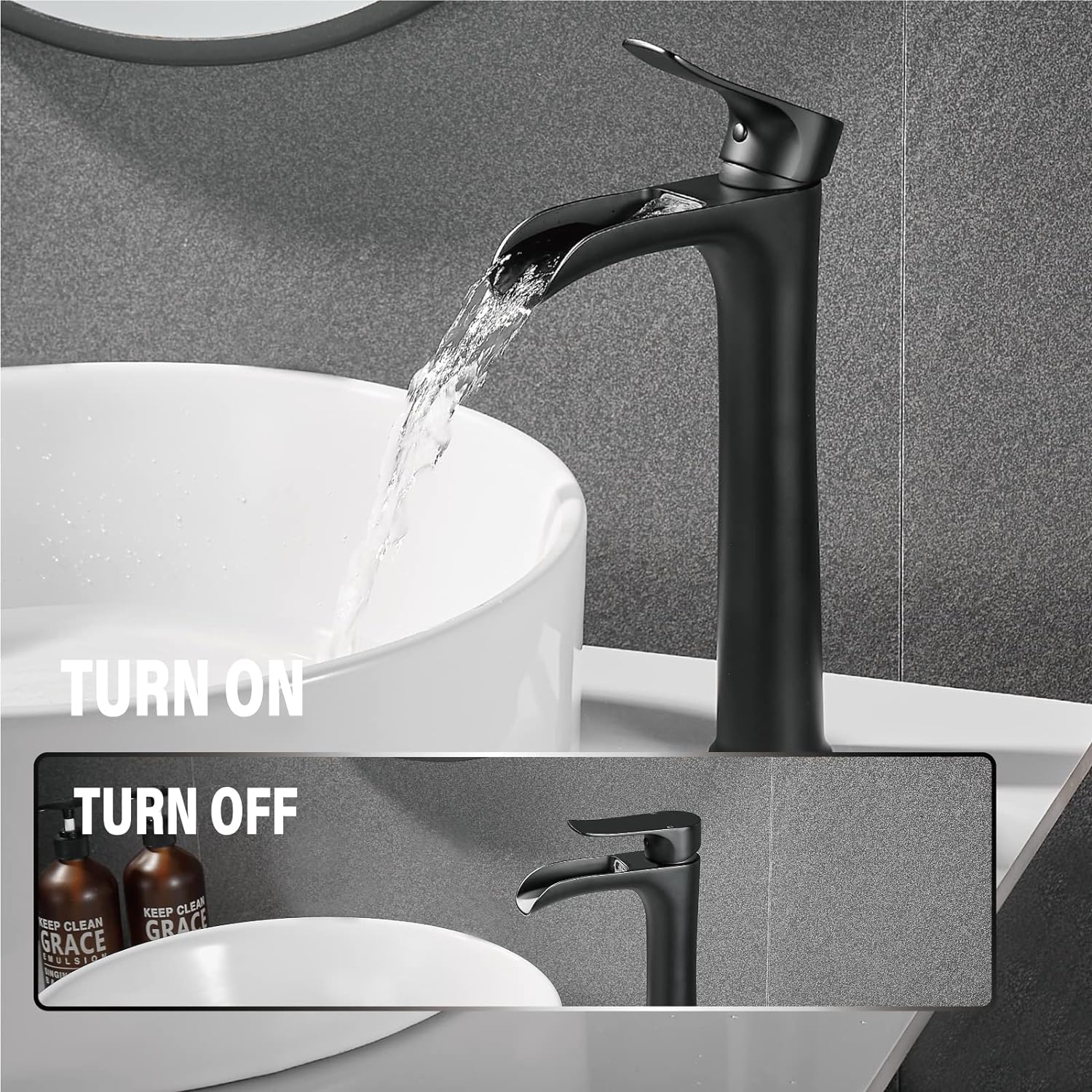 YUNDOOM Matte Black Vessel Sink Faucet with Waterfall Design