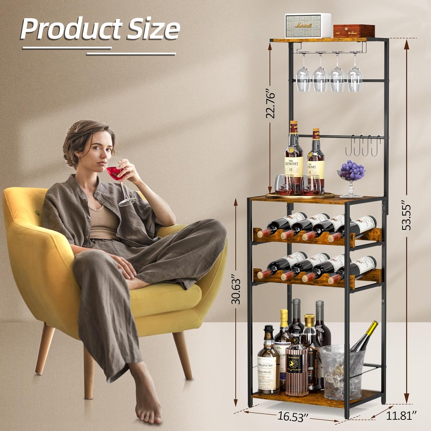 DAOUTIME 5-Tier Freestanding Wine Rack with Glasses Holder and 4 S Hooks