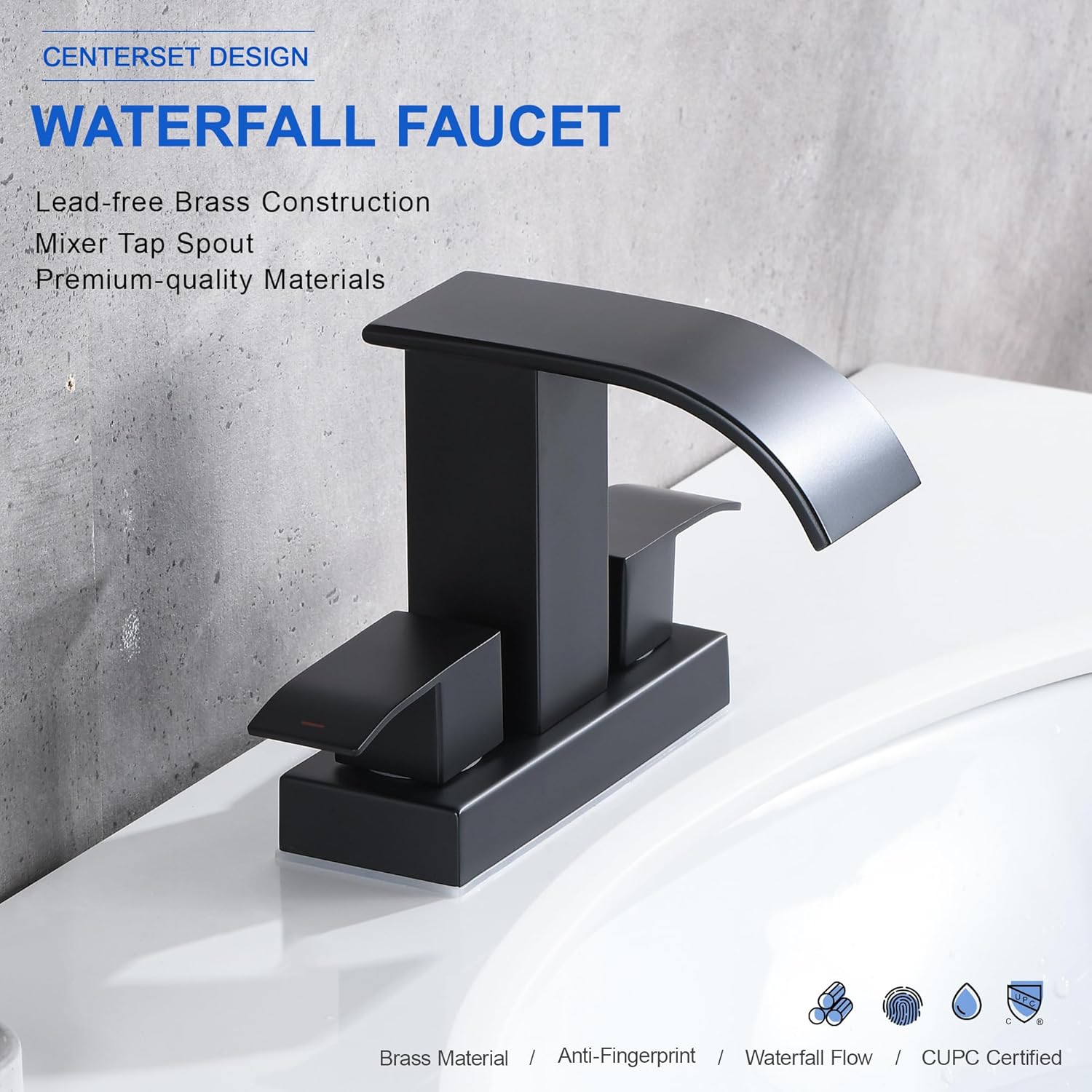 Black Waterfall Bathroom Faucet with Pop Up Drain and Overflow
