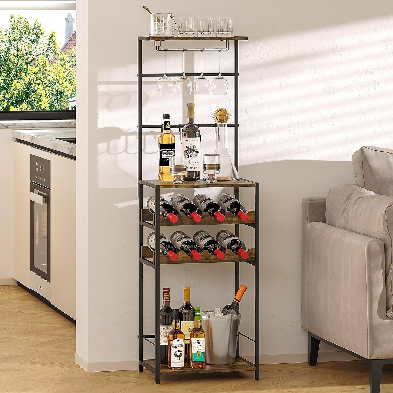 DAOUTIME 5-Tier Freestanding Wine Rack with Glasses Holder and 4 S Hooks