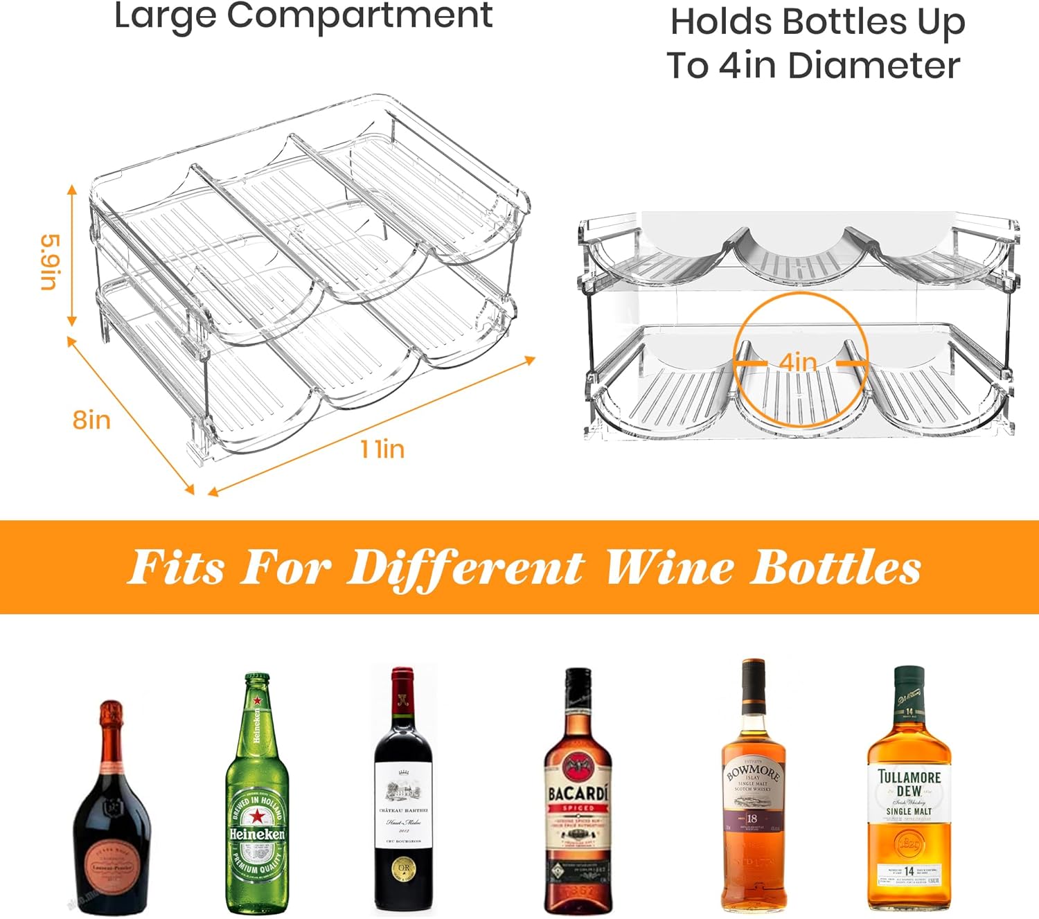 Stackable Wine Rack for Fridge 2 Tier Hold 6 Bottles