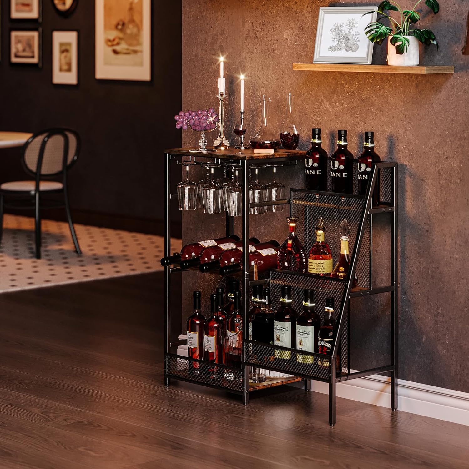 Hayexiha 3-Tier Liquor Stand with Glass Holder and Fences