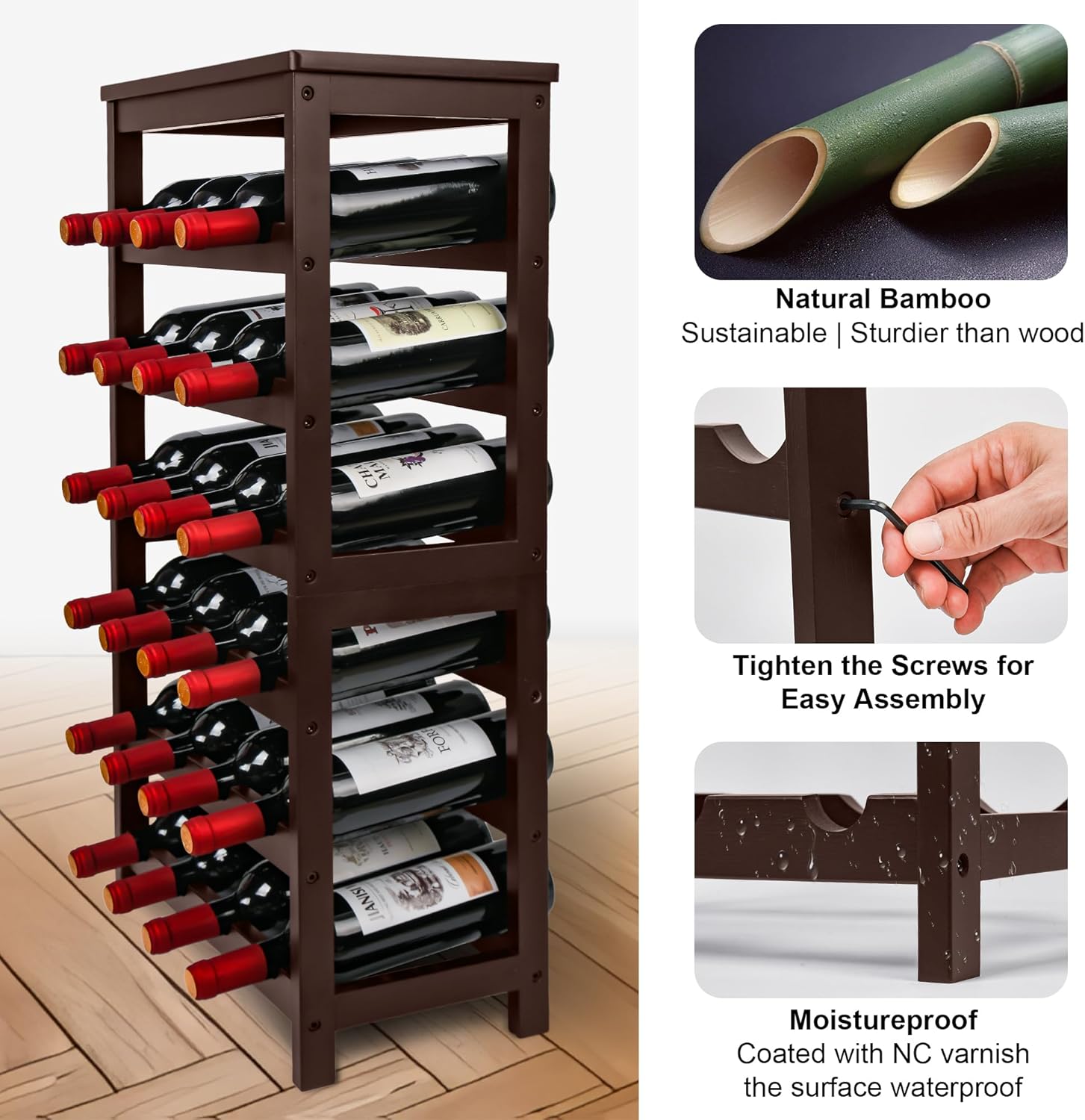 VASMIA 6-Tier Bamboo Wine Rack for 24 Bottles