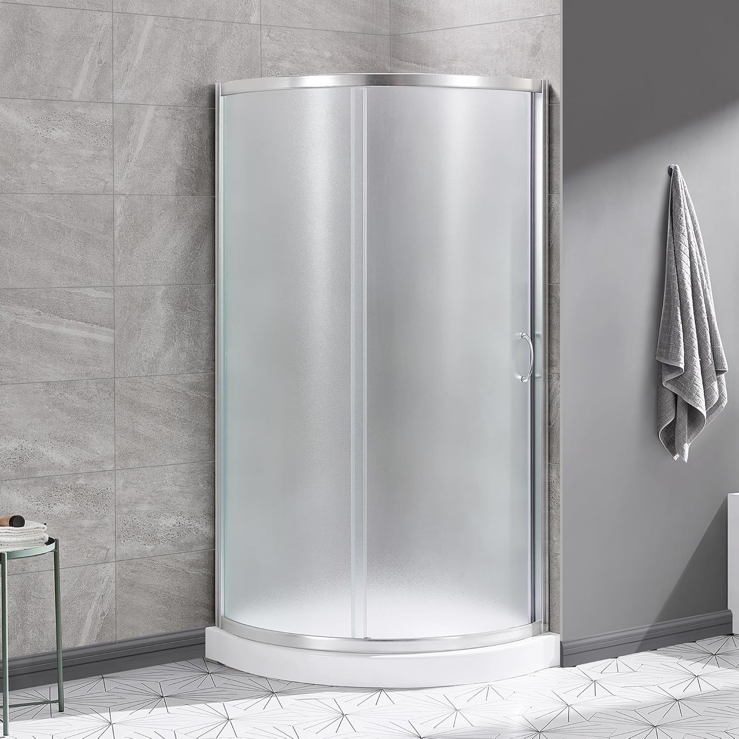 Rounded Frosted Glass Corner Shower Kit with Satin Nickel Hardware