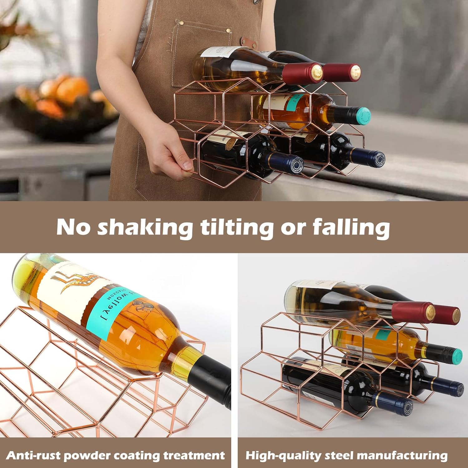 Luoieo Rose Gold Wine Rack 9 Bottle Geometric Design No Assembly Required