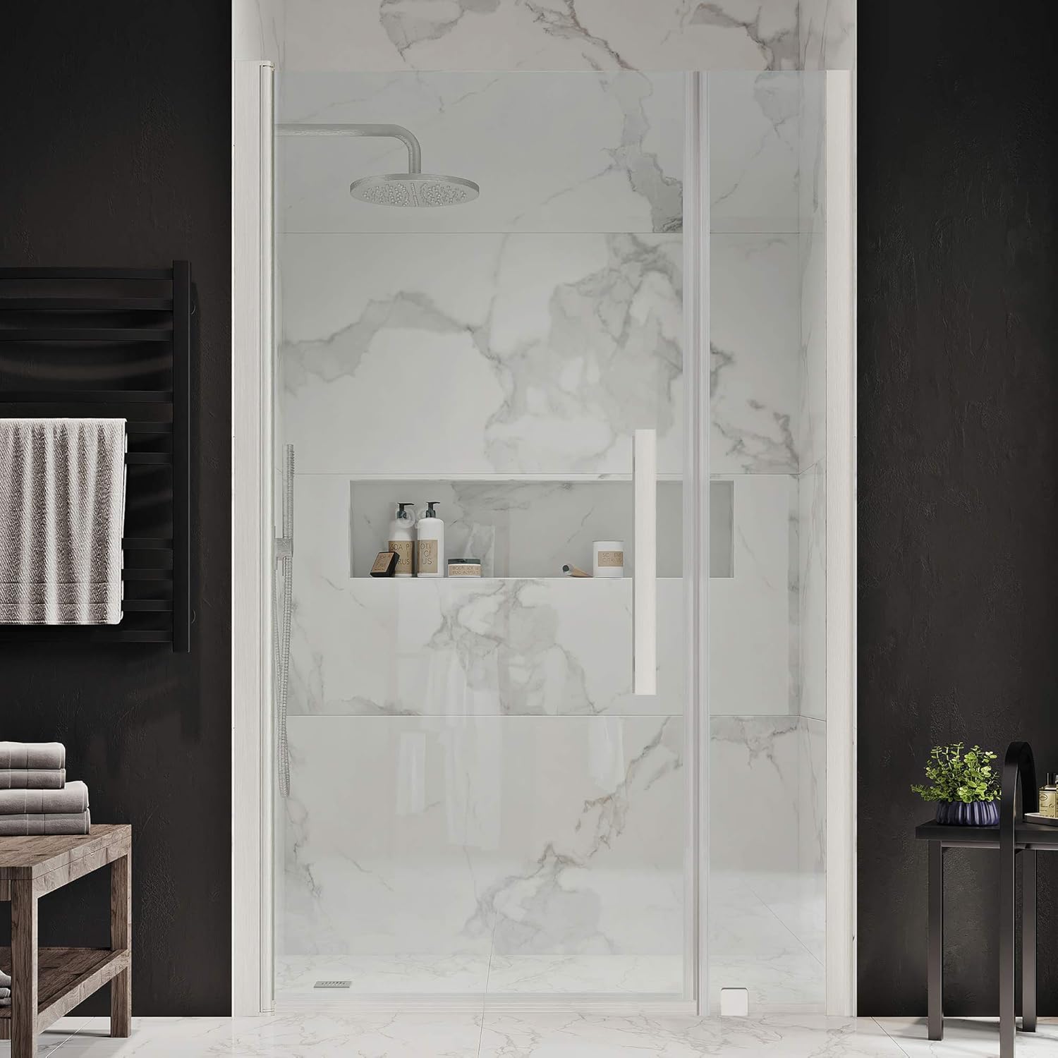 OVE Decors Frameless Pivot Shower Door Satin Nickel 1