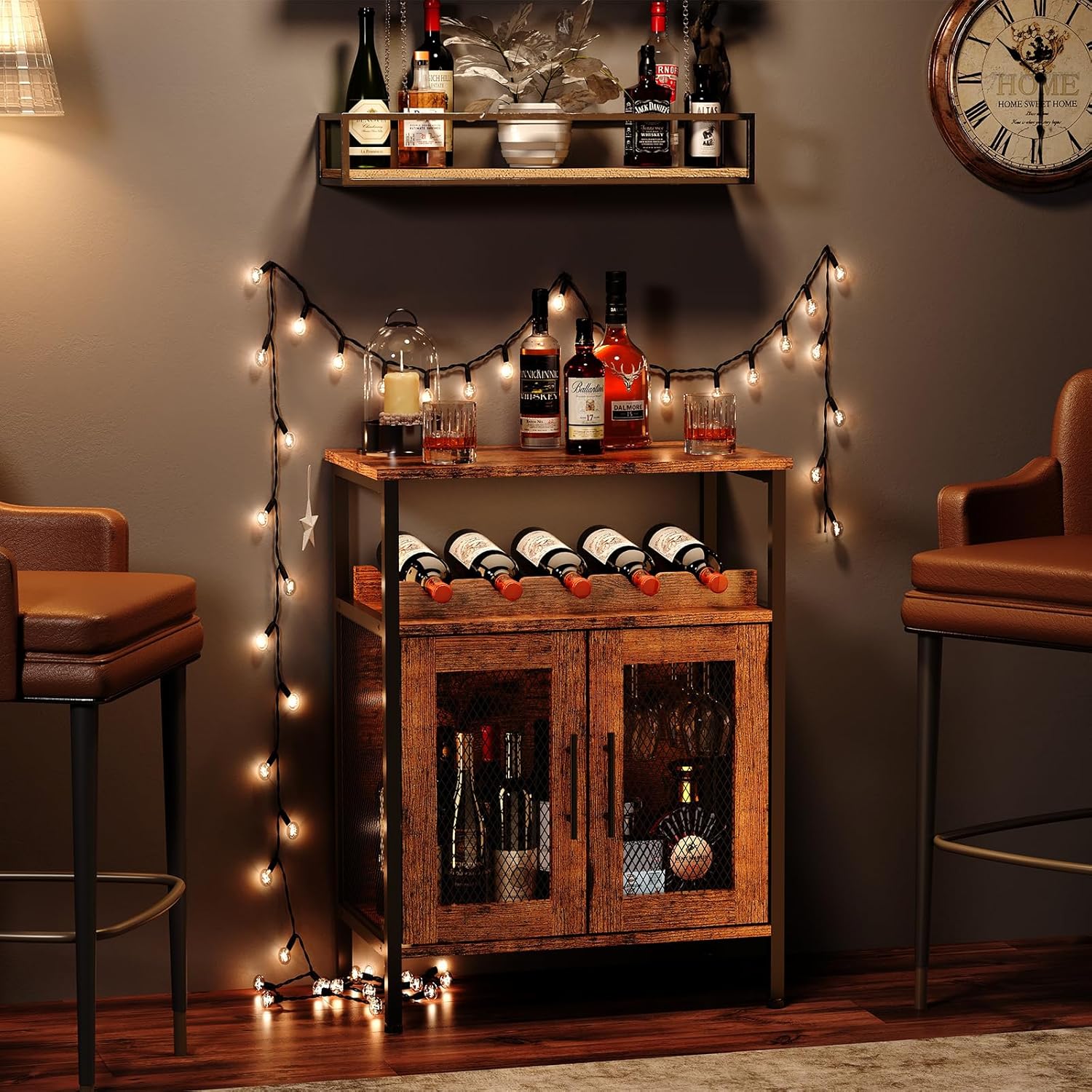 X-cosrack Rustic Wine Bar Cabinet with Detachable Rack and Glass Holder