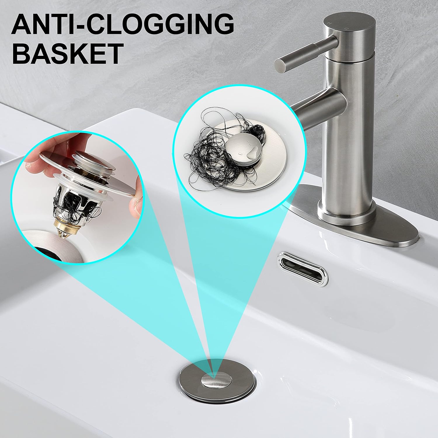 Universal Sink Stopper - Brushed Nickel Drain Plug with Anti-Clogging Strainer