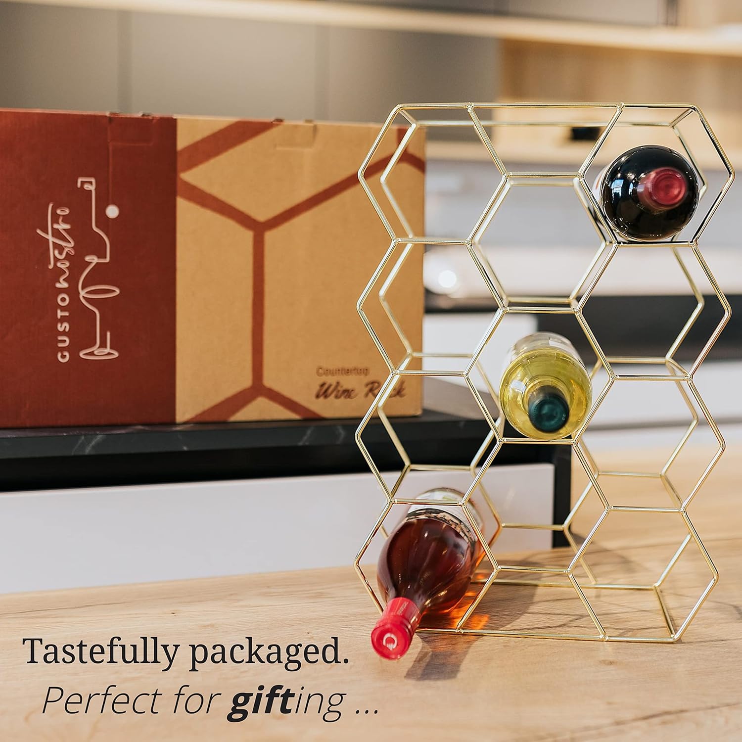 Gusto Nostro 14 Bottle Tabletop Wine Rack - Gold Metal 3 Tier Modern Design