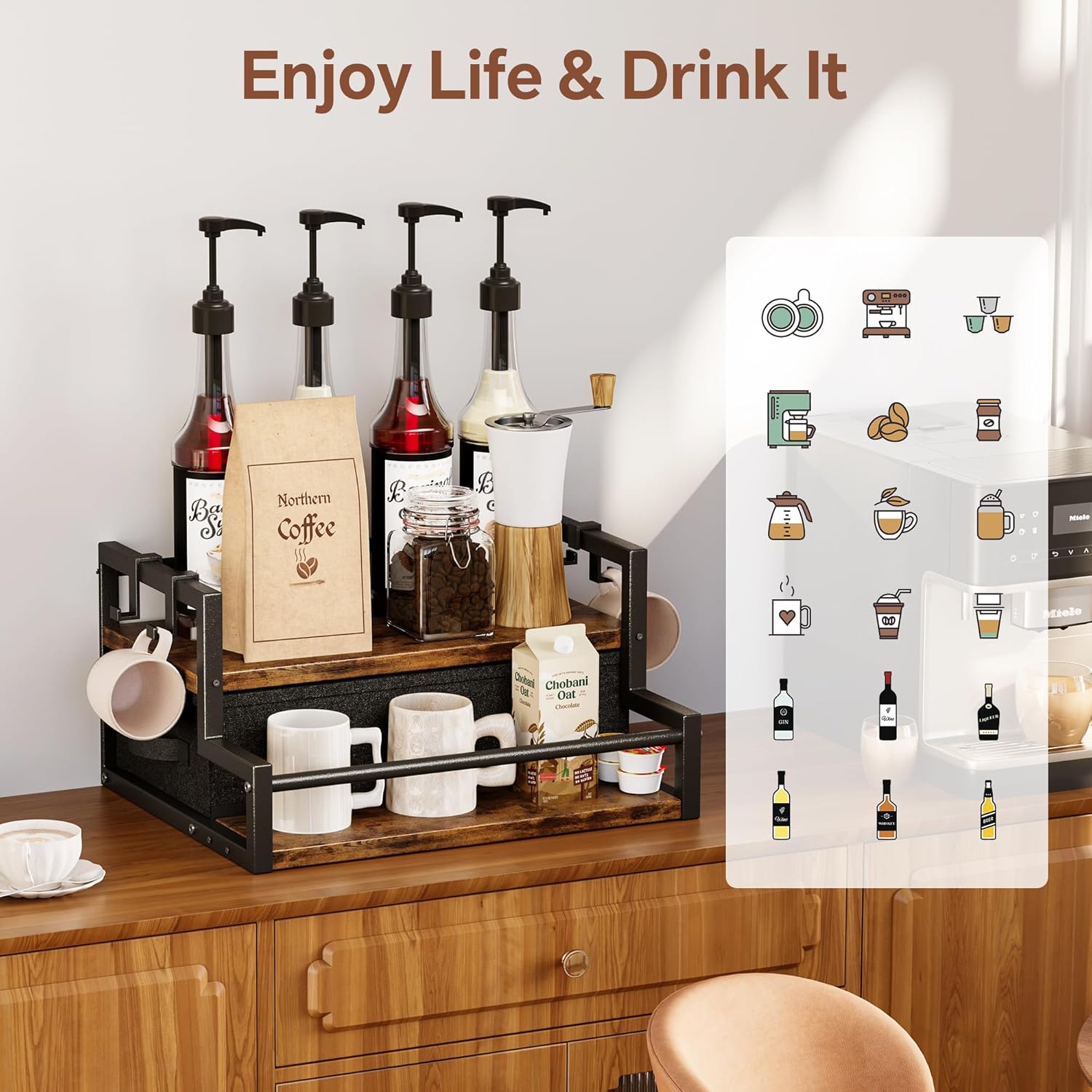 Homeiju Coffee Syrup 2-Tier Organizer Rack with Drawer