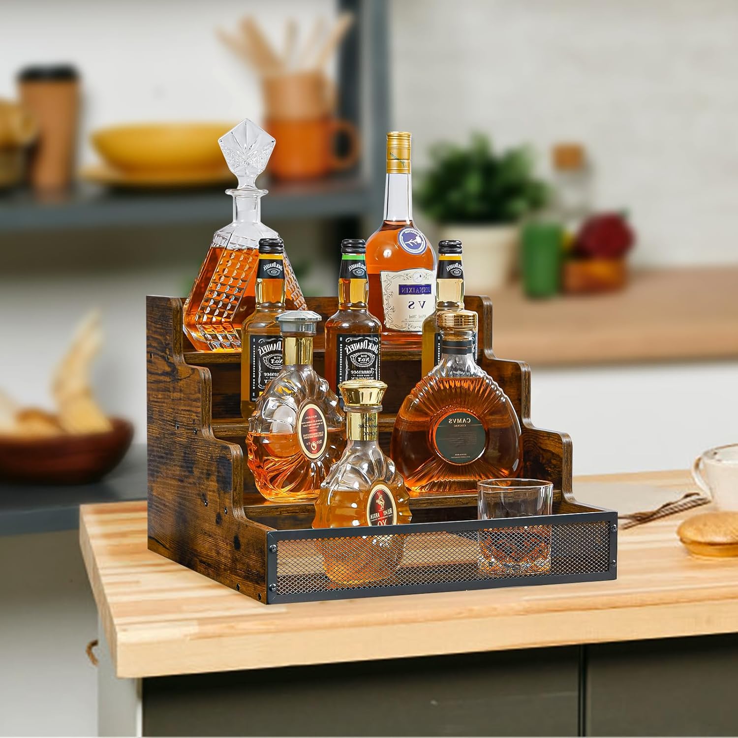 4 Tier Countertop Liquor Display Shelf with Fences