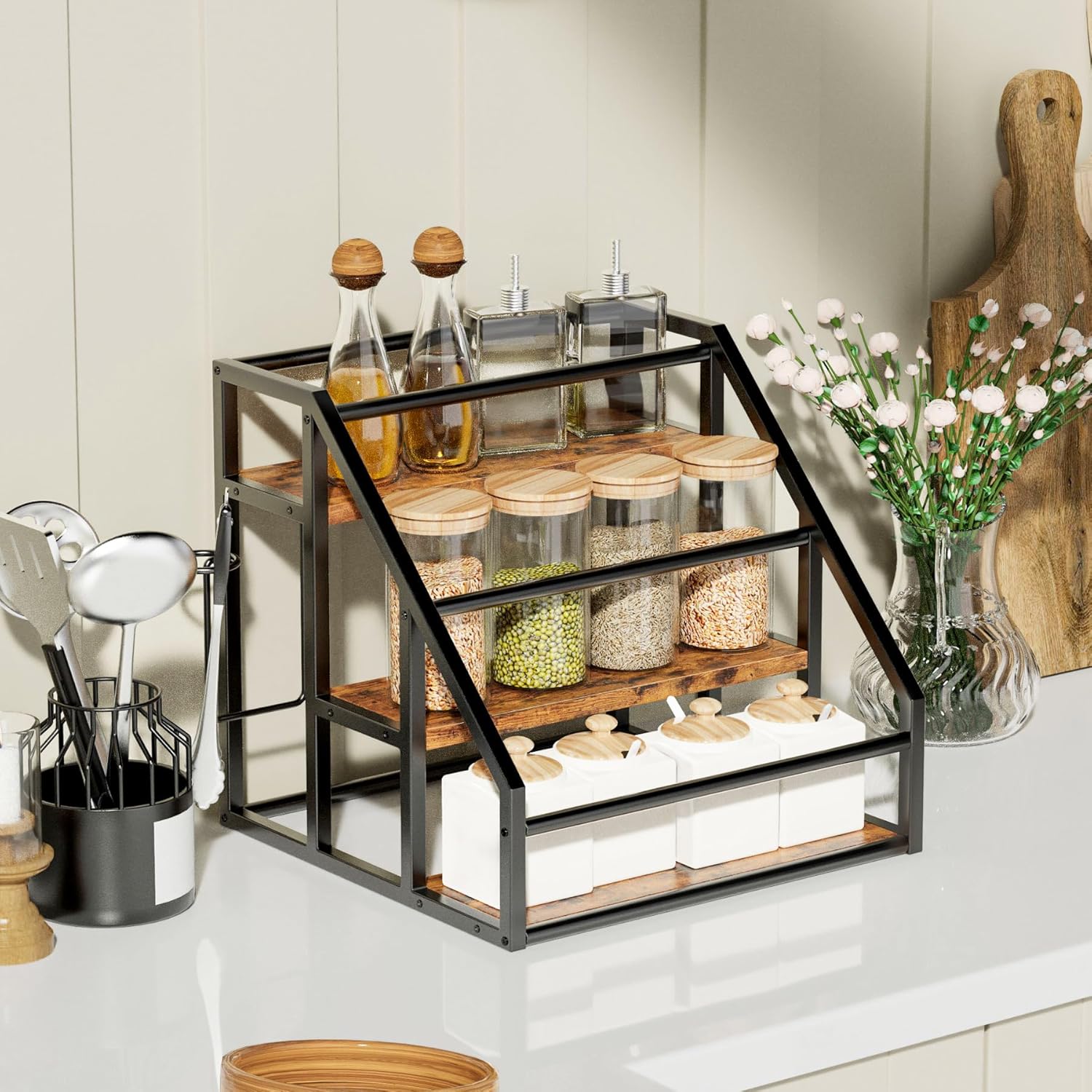 Vantimo Coffee Syrup Rack Organizer 3 Tier Rustic Brown 1