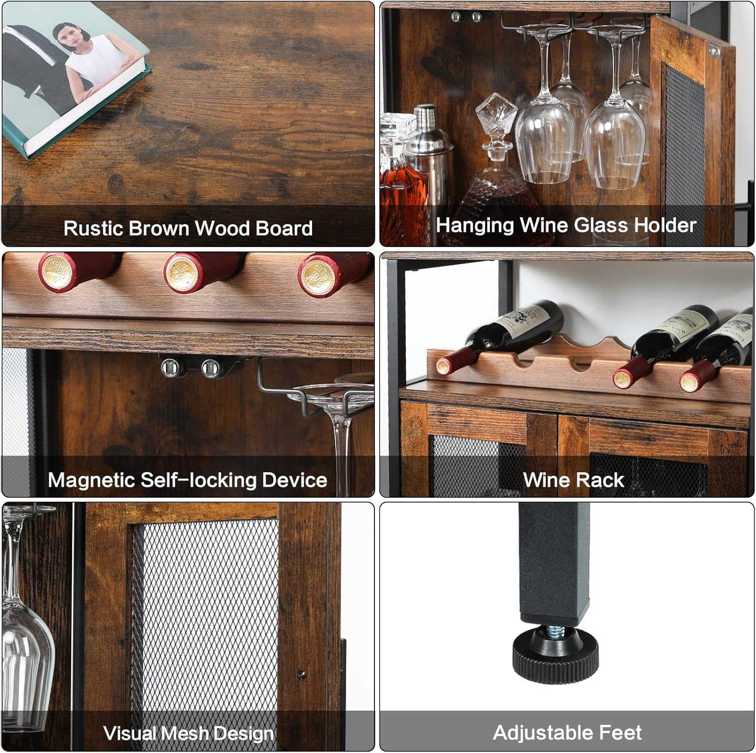 X-cosrack Rustic Wine Bar Cabinet with Detachable Rack and Glass Holder