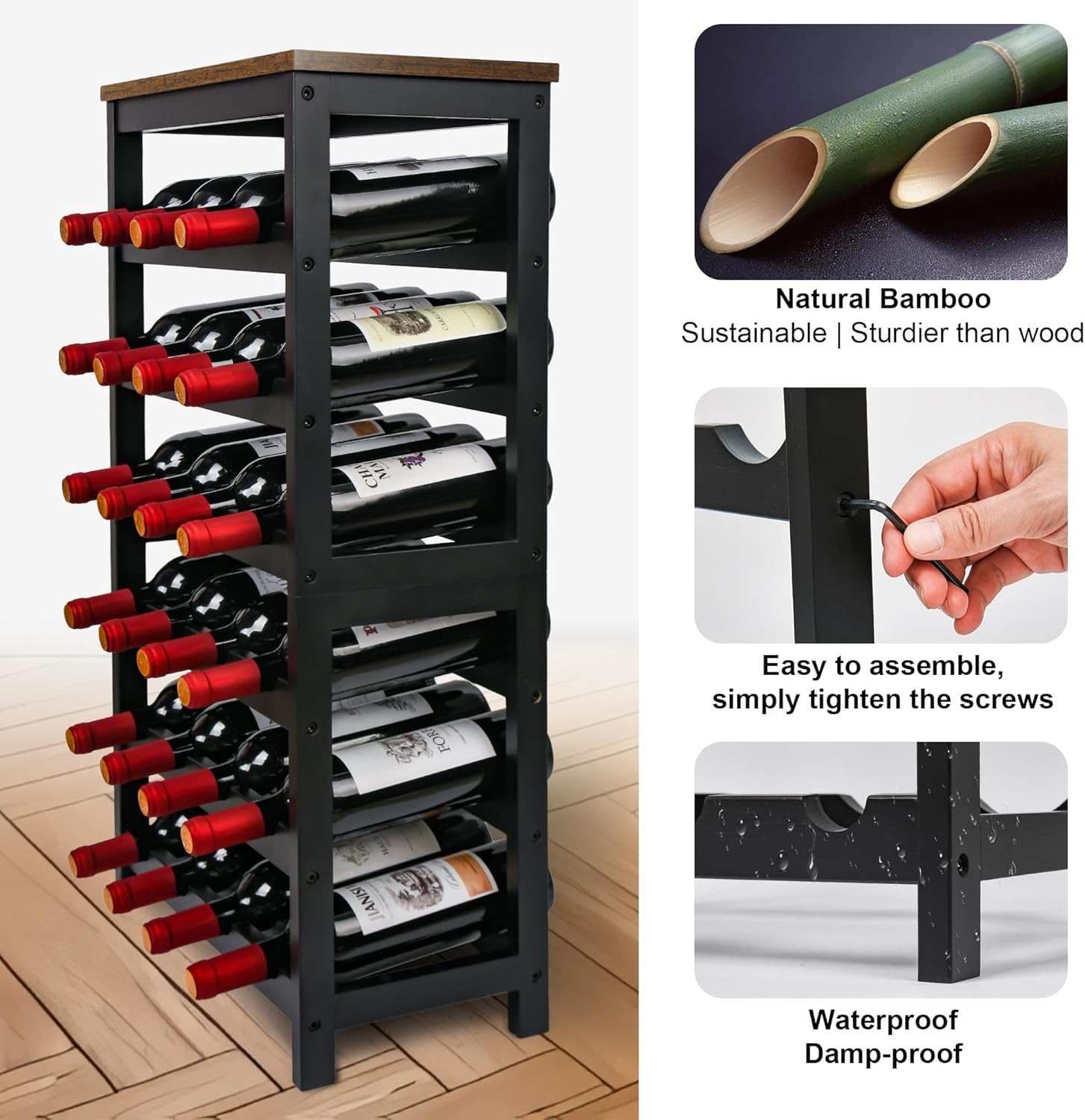 VASMIA 6-Tier Bamboo Wine Rack 24-Bottle Freestanding Storage Shelf