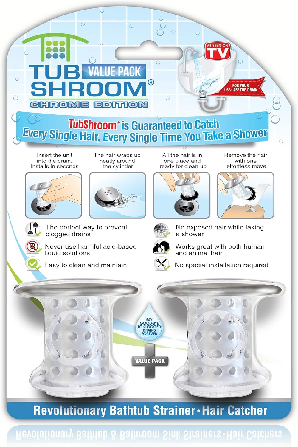 TubShroom Drain Protector - 2 Pack Chrome 15 - 175 Fit