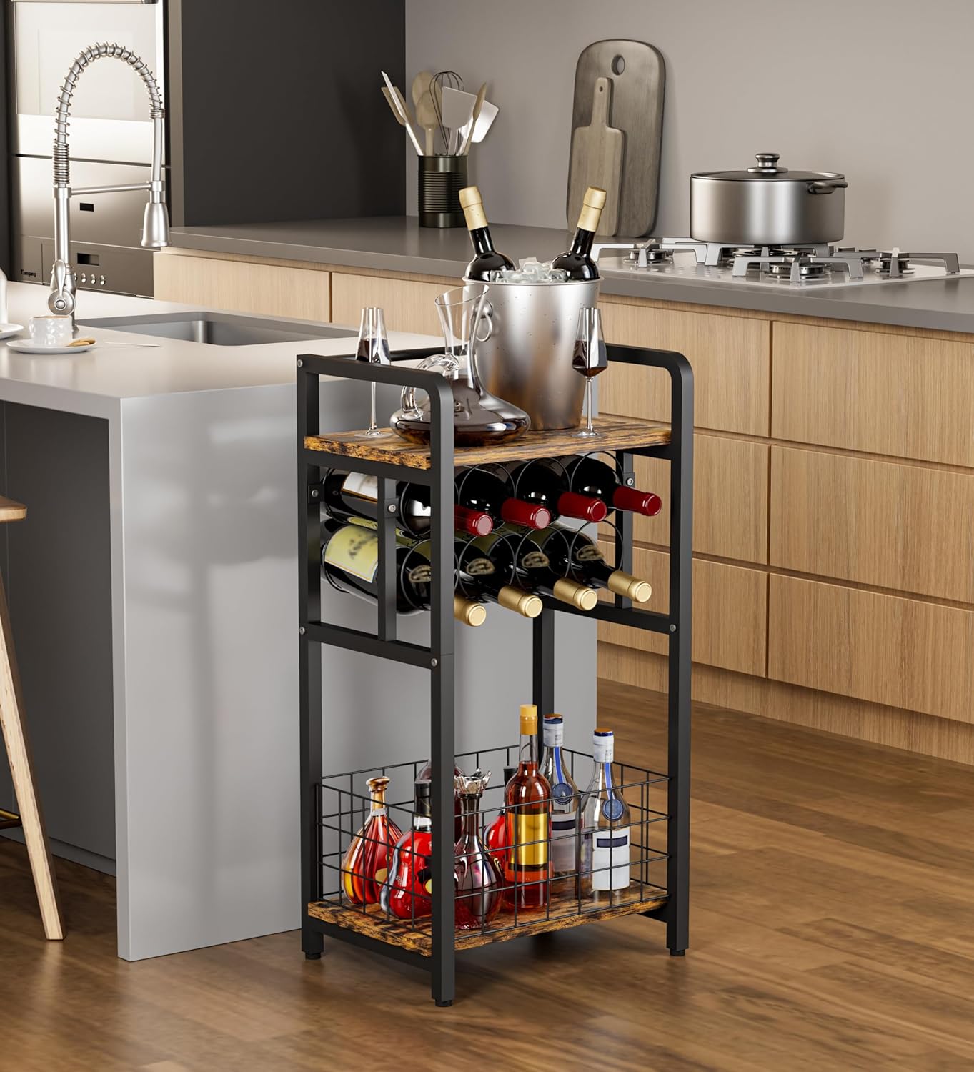 3-Tier Freestanding Wine Rack with Metal Frame Black