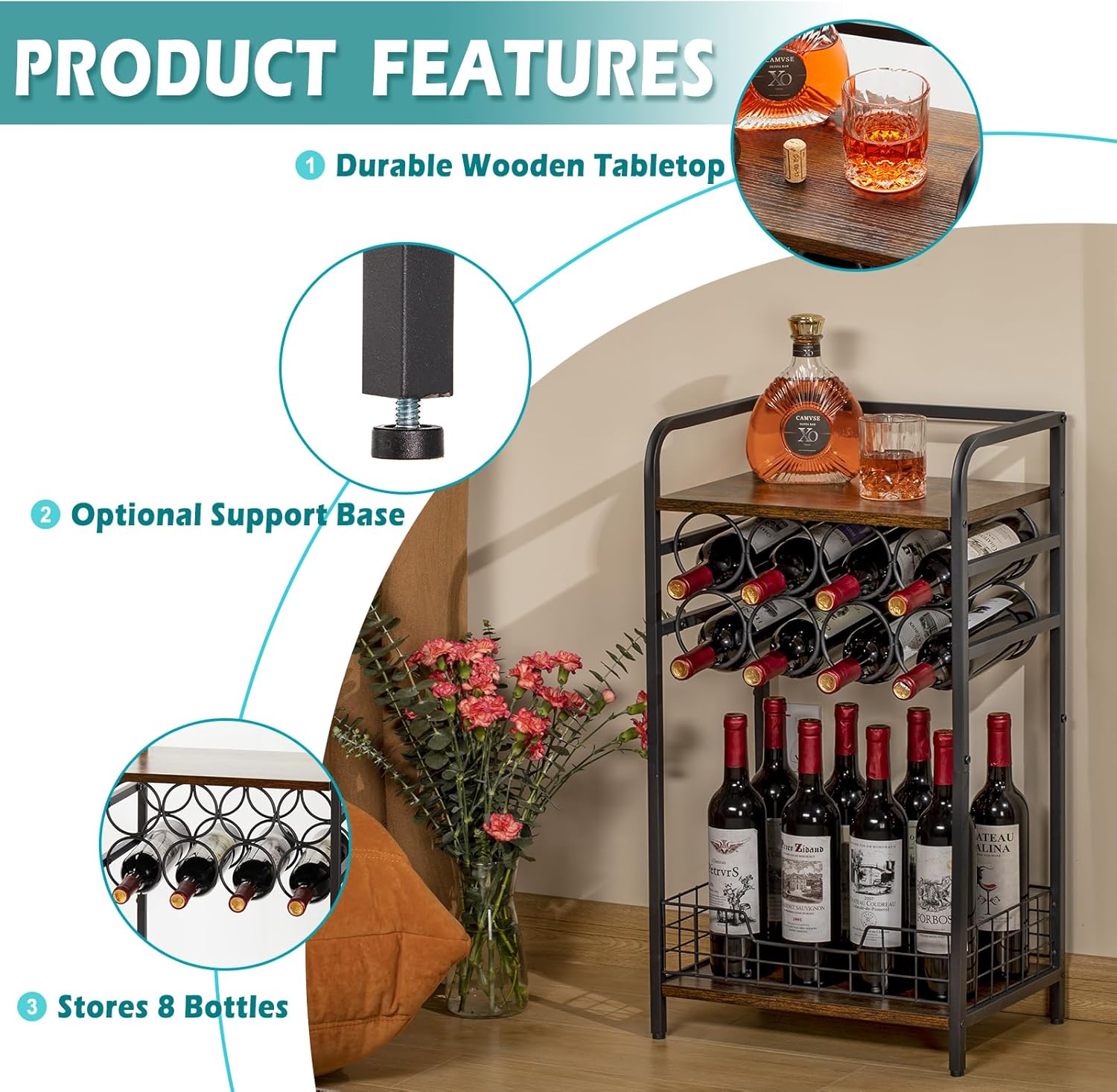 Bosimeca 3-Tier Wine Bar Table with 8-Bottle Rack