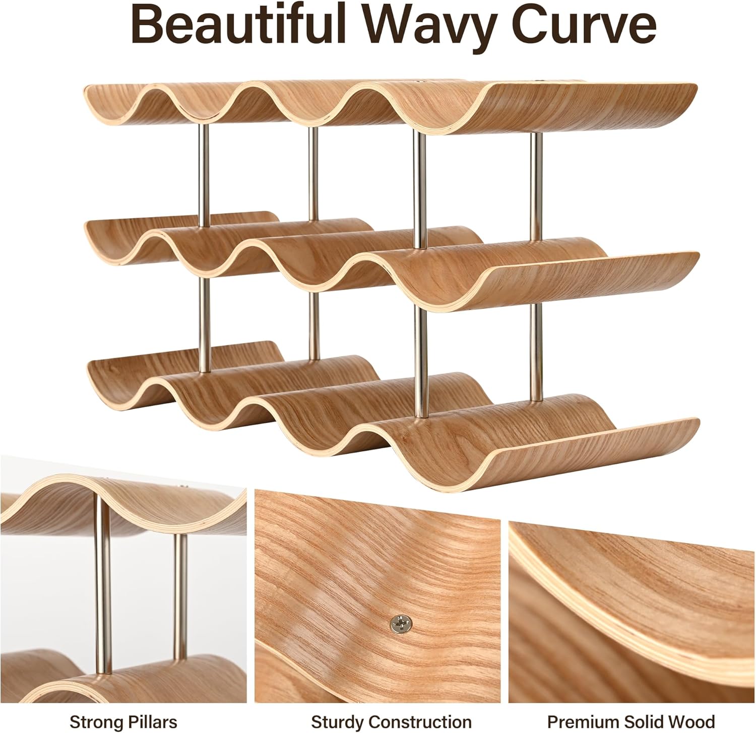 TRUDING 12 Bottle Freestanding Wine Rack - 3 Tier Wavy Wooden Storage Stand