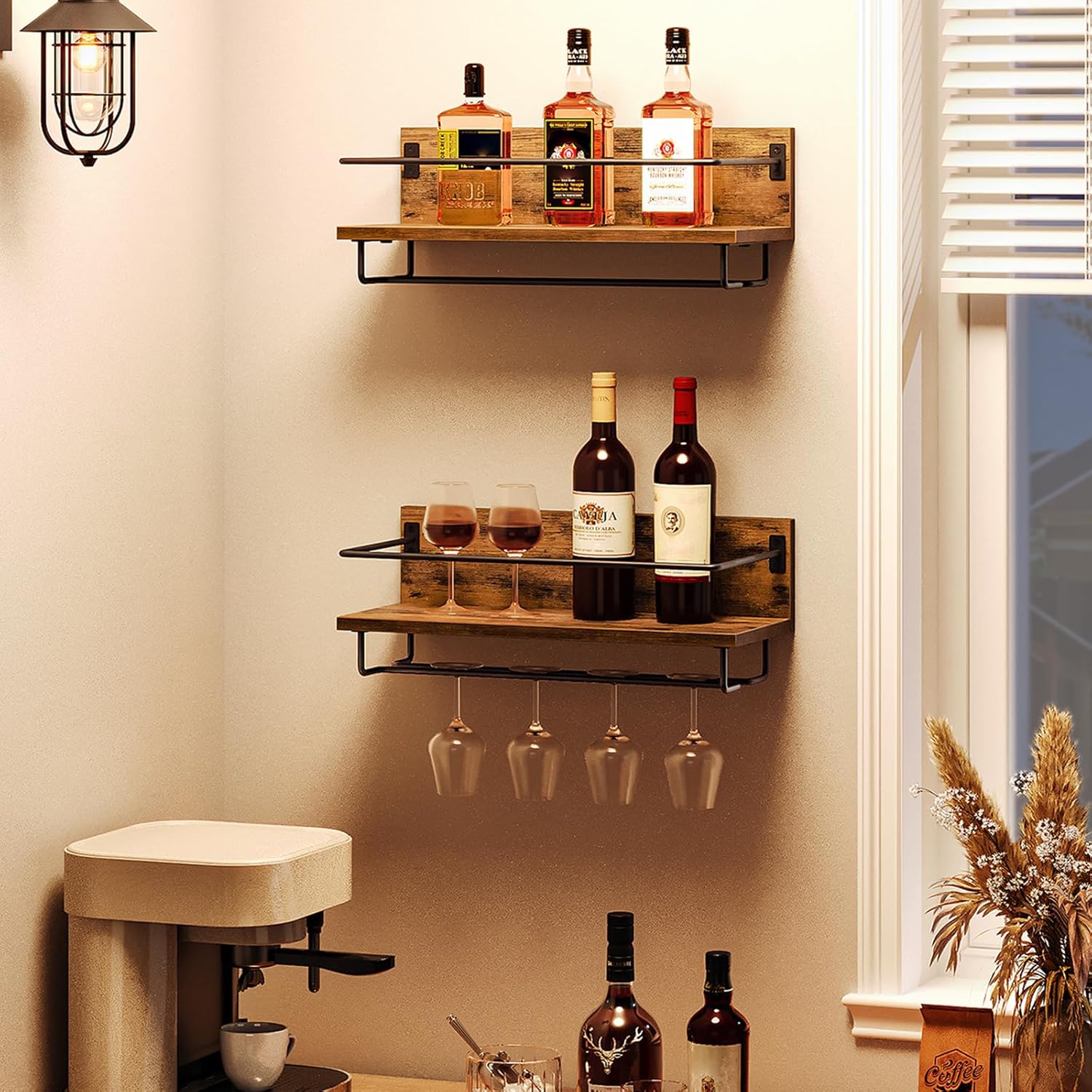 HOOBRO Wall Mounted Wine Rack 2 Pack Rustic Brown and Black