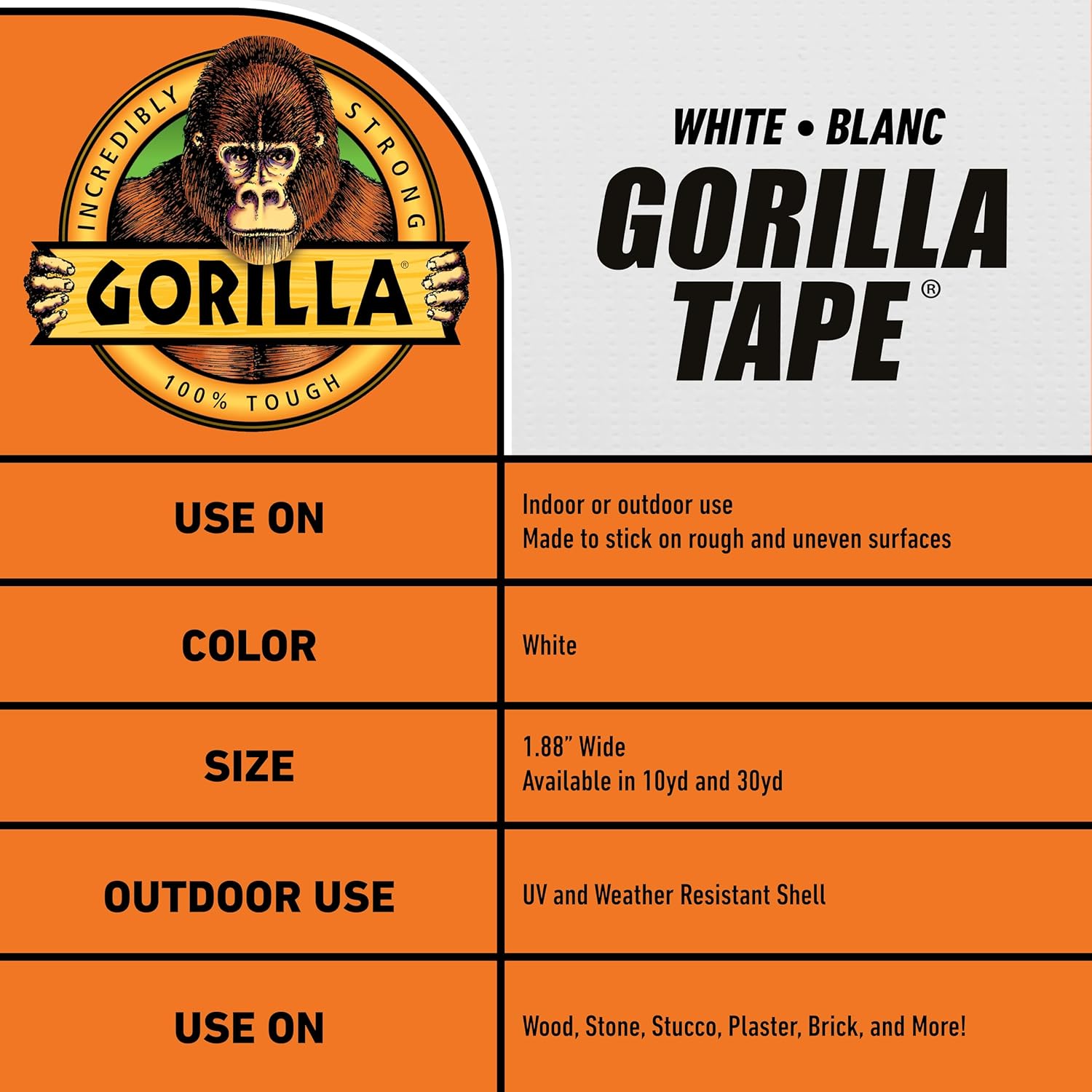 Gorilla White Duct Tape 188 x 10 yd Pack of 1