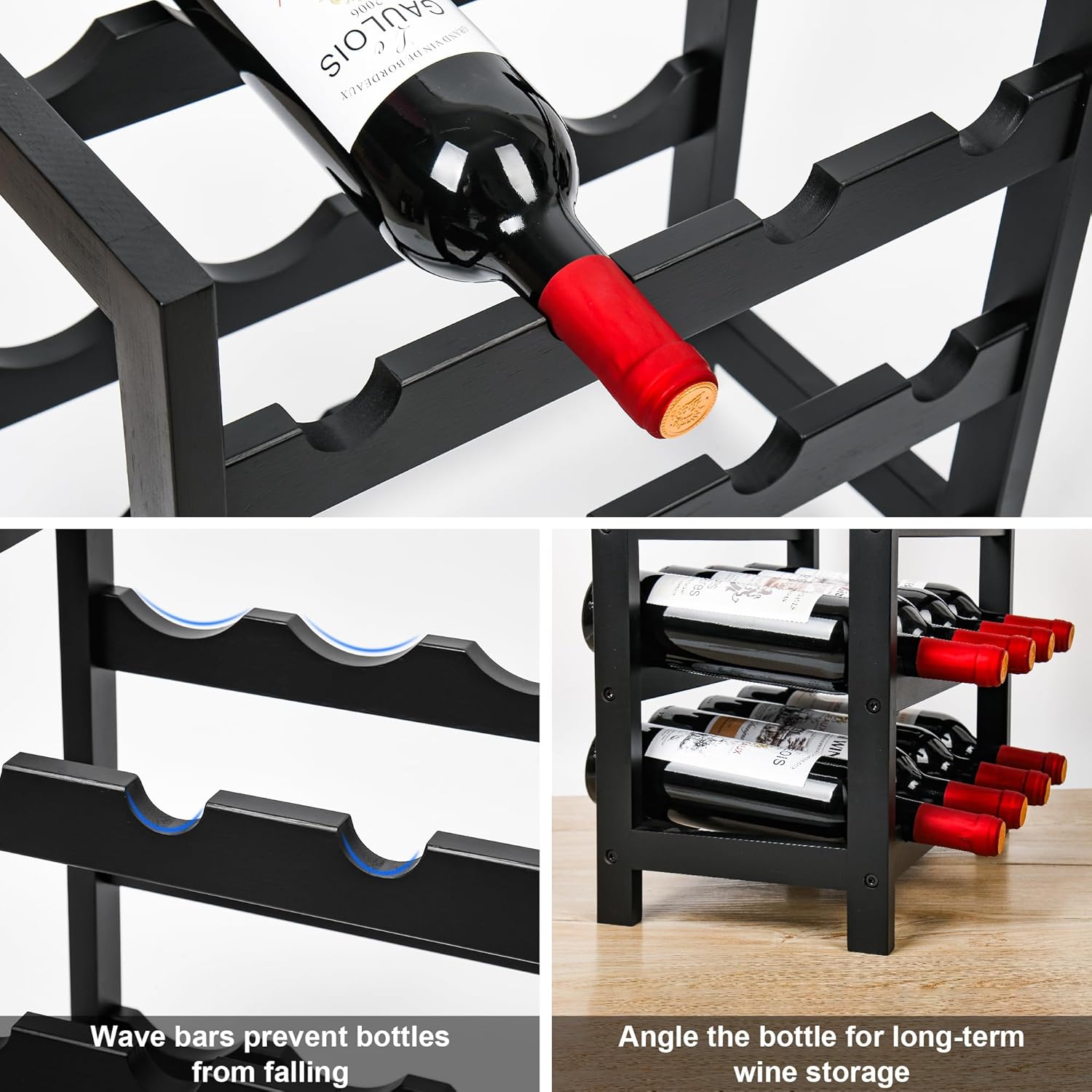 VASMIA 6-Tier Freestanding Bamboo Wine Rack Black