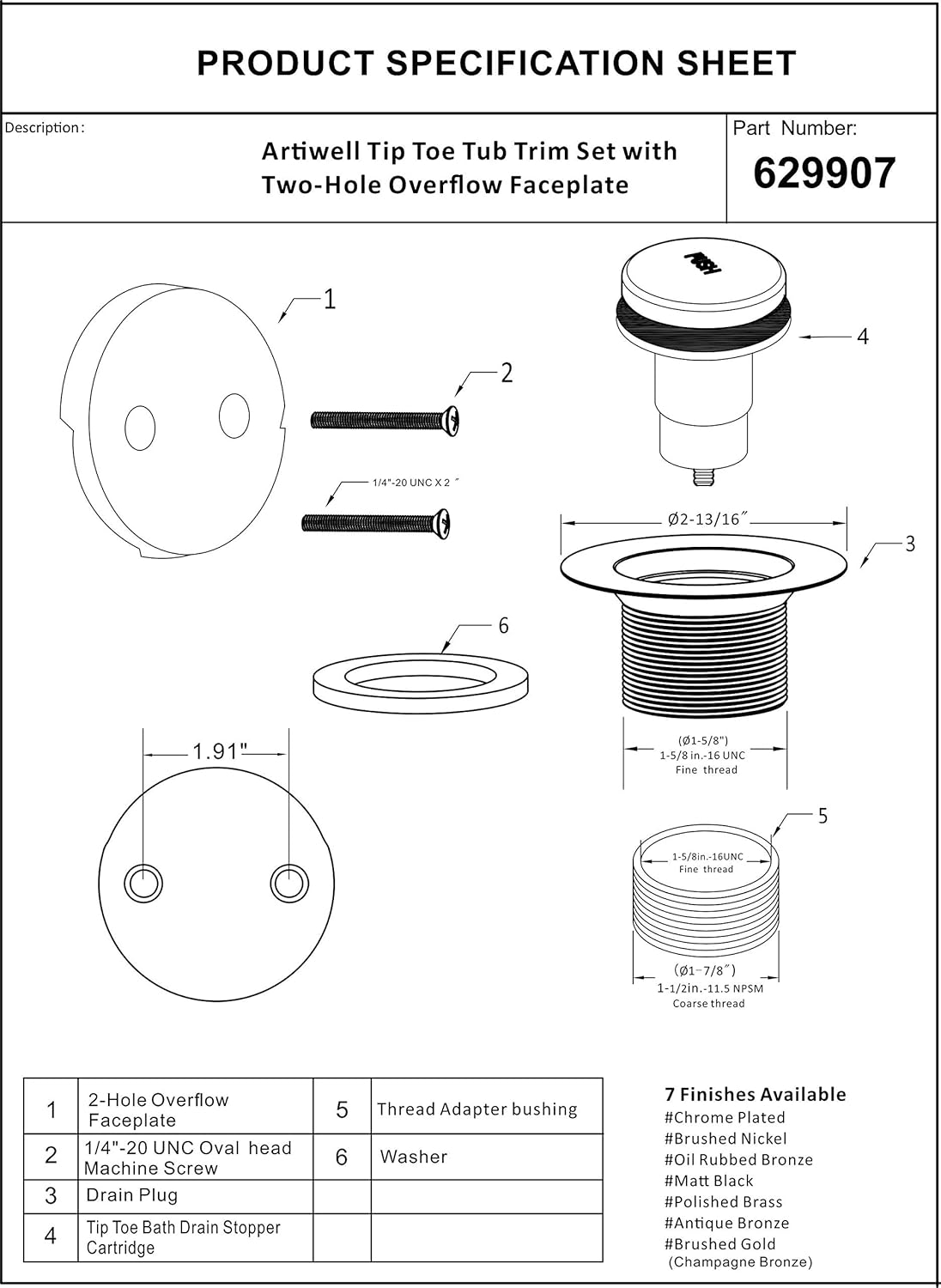 Artiwell Tip-Toe Tub Trim Set Chrome Plated