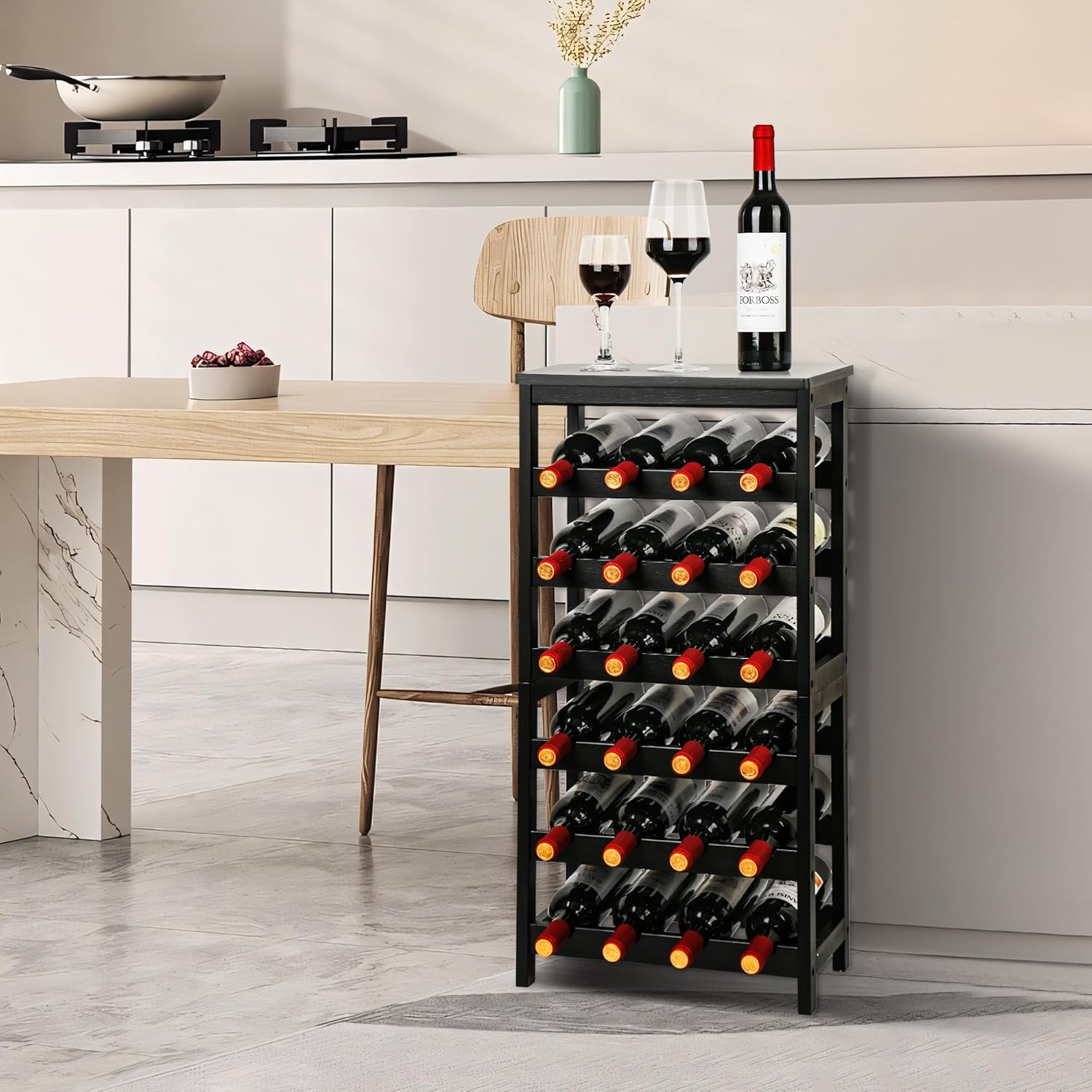 VASMIA 6-Tier Freestanding Bamboo Wine Rack Black
