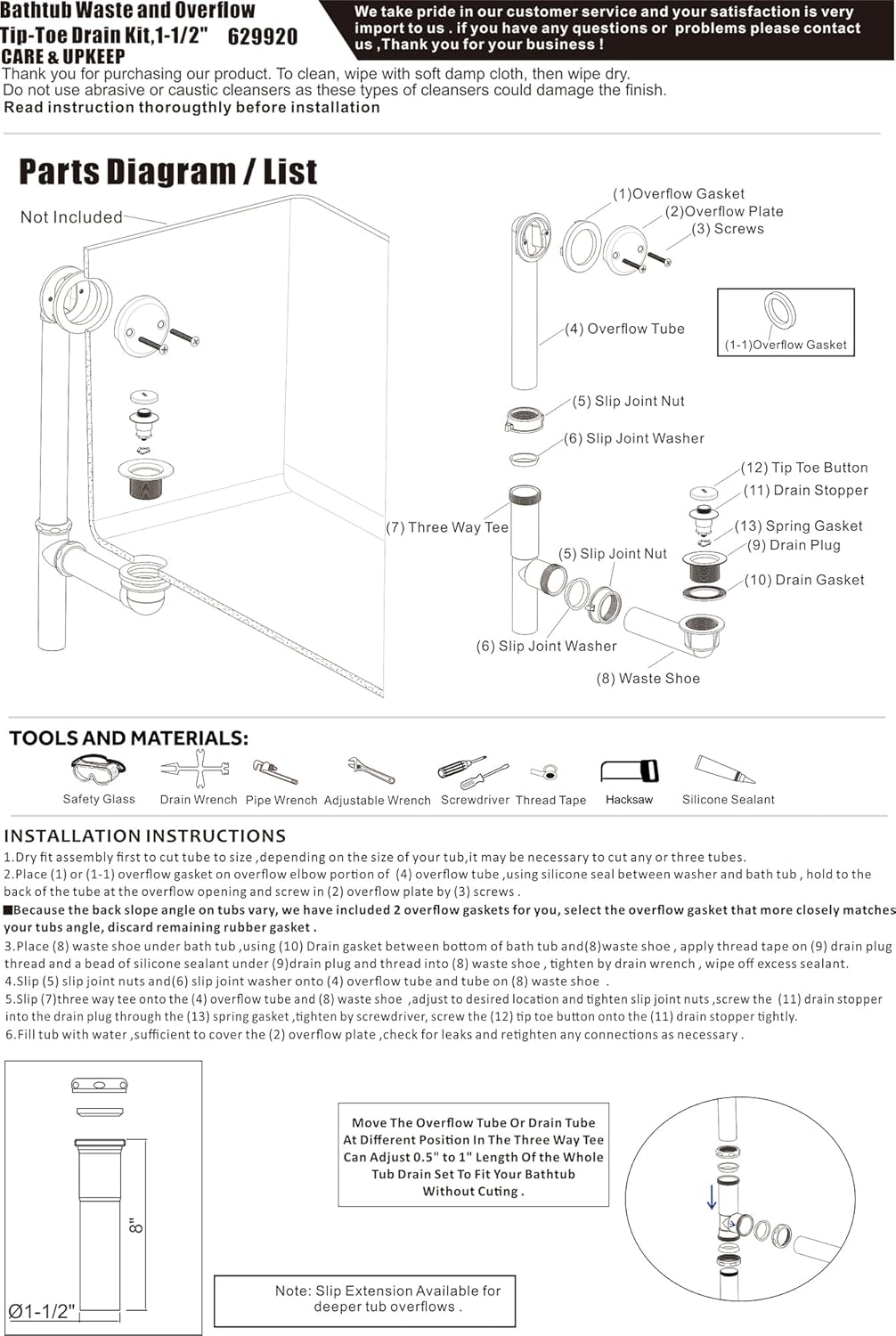 Artiwell 1-12 Black Tubular Bath Drain Kit