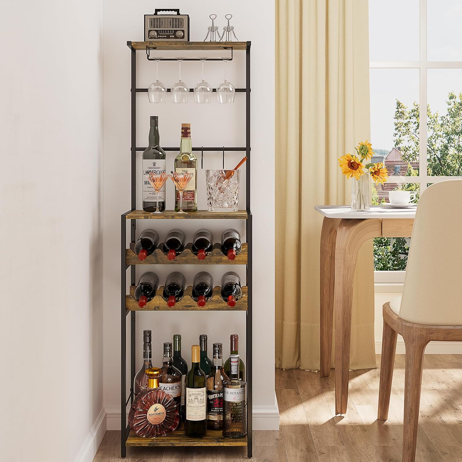 DAOUTIME 5-Tier Freestanding Wine Rack with Glasses Holder and 4 S Hooks