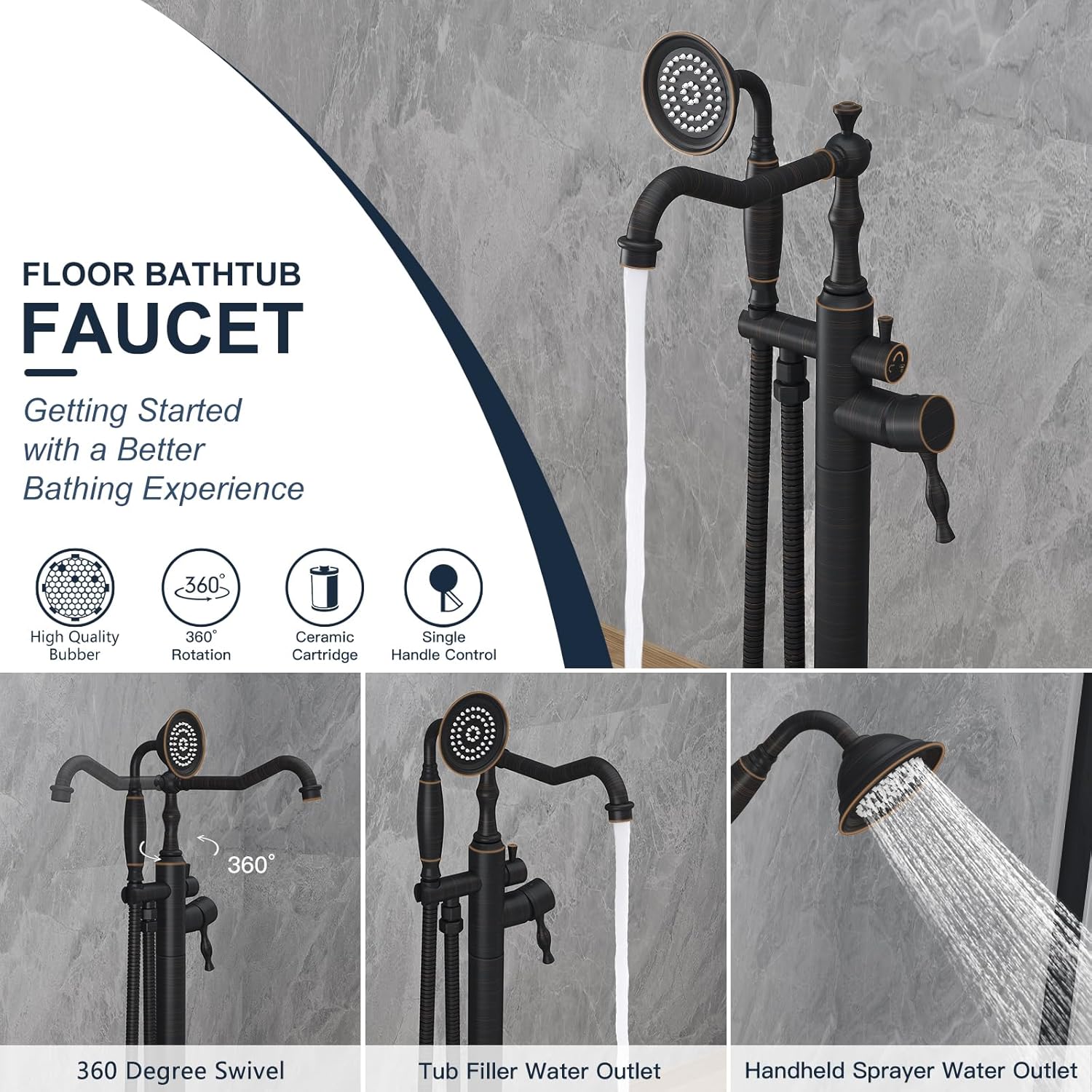 Kroias Oil Rubbed Bronze Floor Mounted Tub Faucet with Handheld Shower