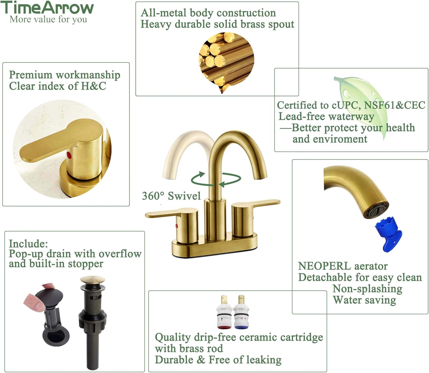 TimeArrow Brushed Gold 2 Handle Centerset Faucet with Drain 4 Inch High Arc