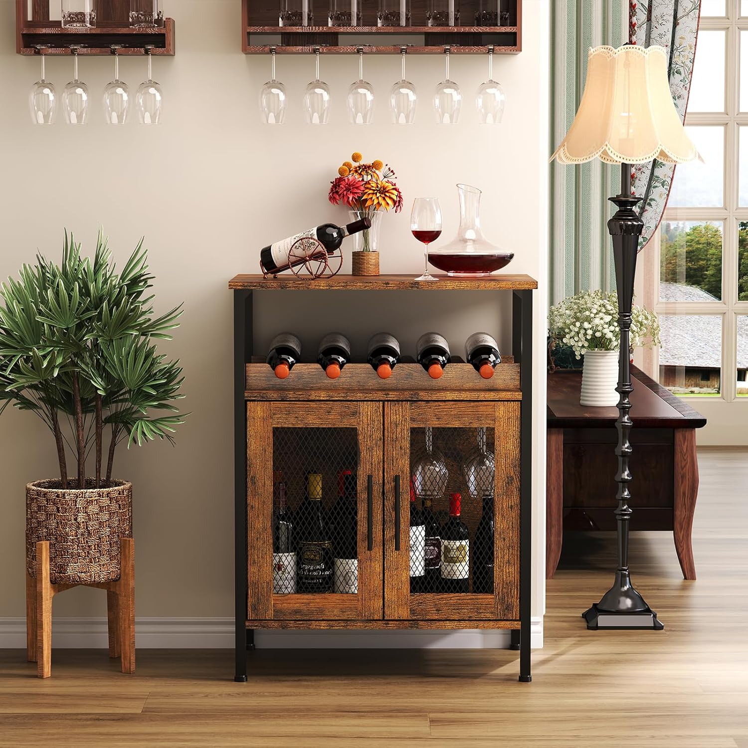 X-cosrack Rustic Wine Bar Cabinet with Detachable Rack and Glass Holder