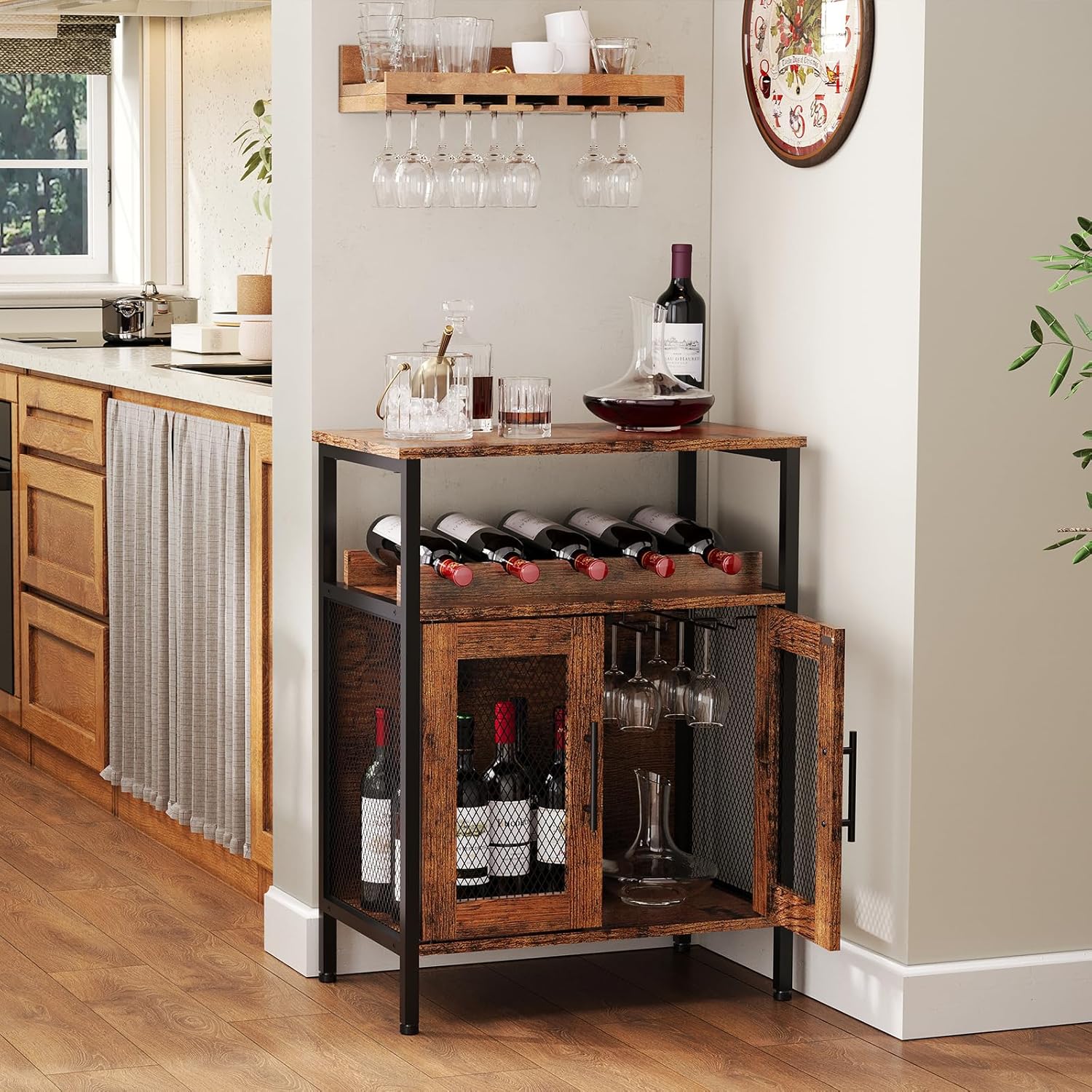 X-cosrack Rustic Wine Bar Cabinet with Detachable Rack and Glass Holder