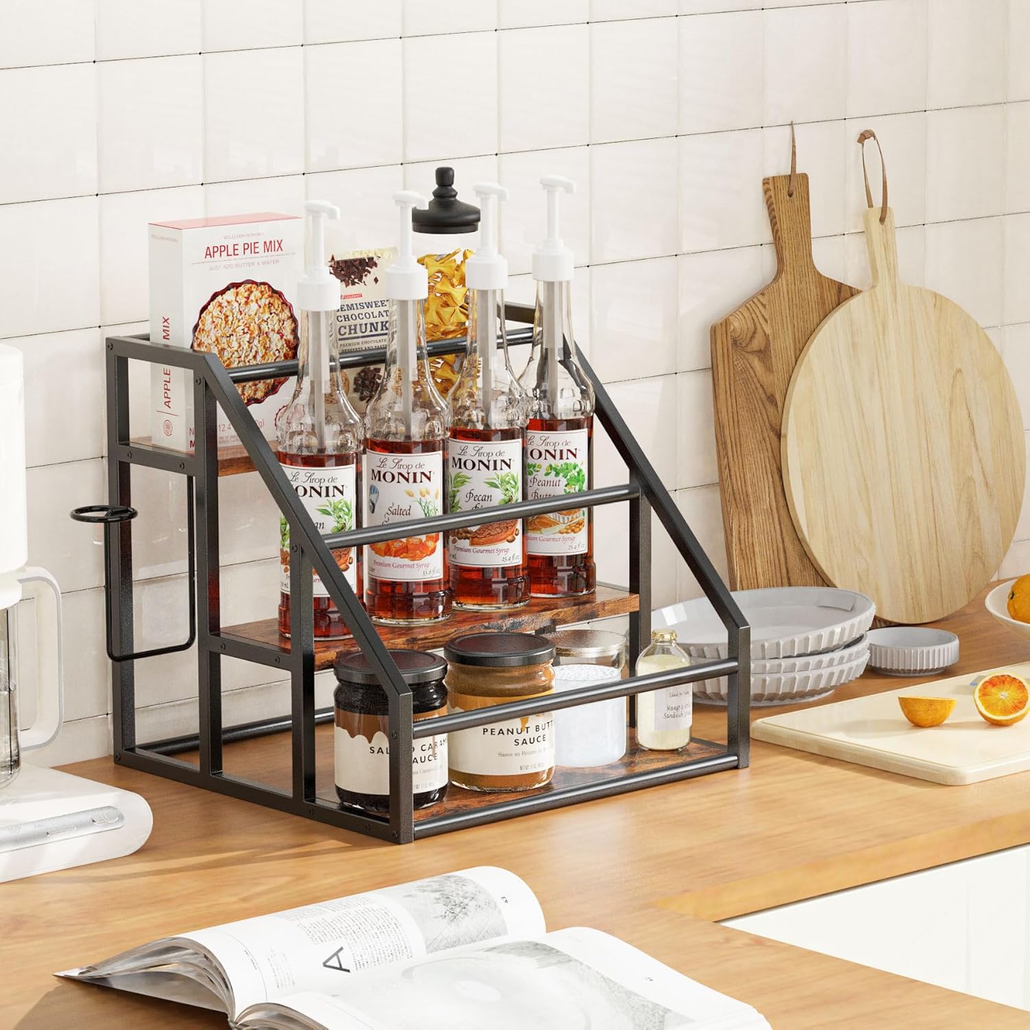 Vantimo Coffee Syrup Rack Organizer 3 Tier Rustic Brown 1