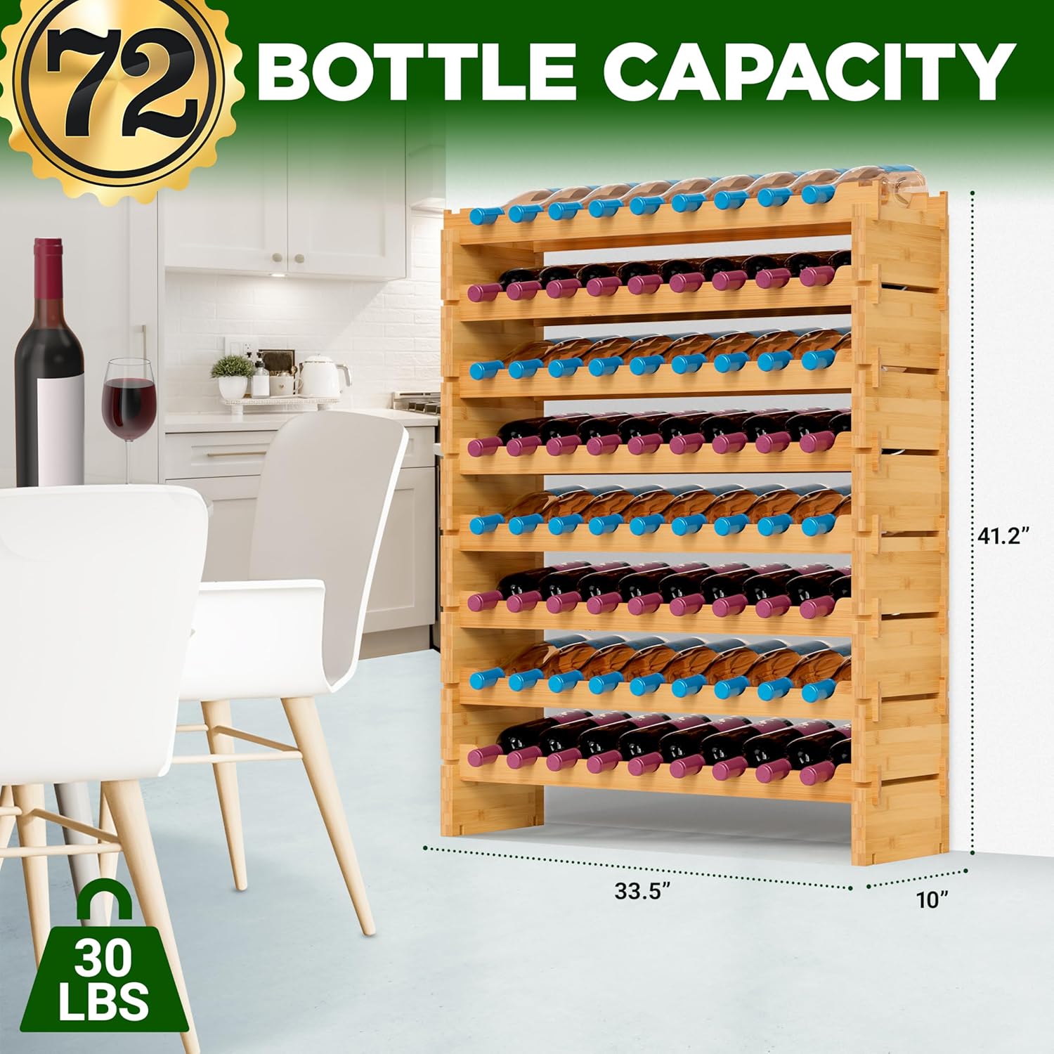 NutriChef Bamboo 8-Tier Wine Rack 72 Bottle Capacity Freestanding
