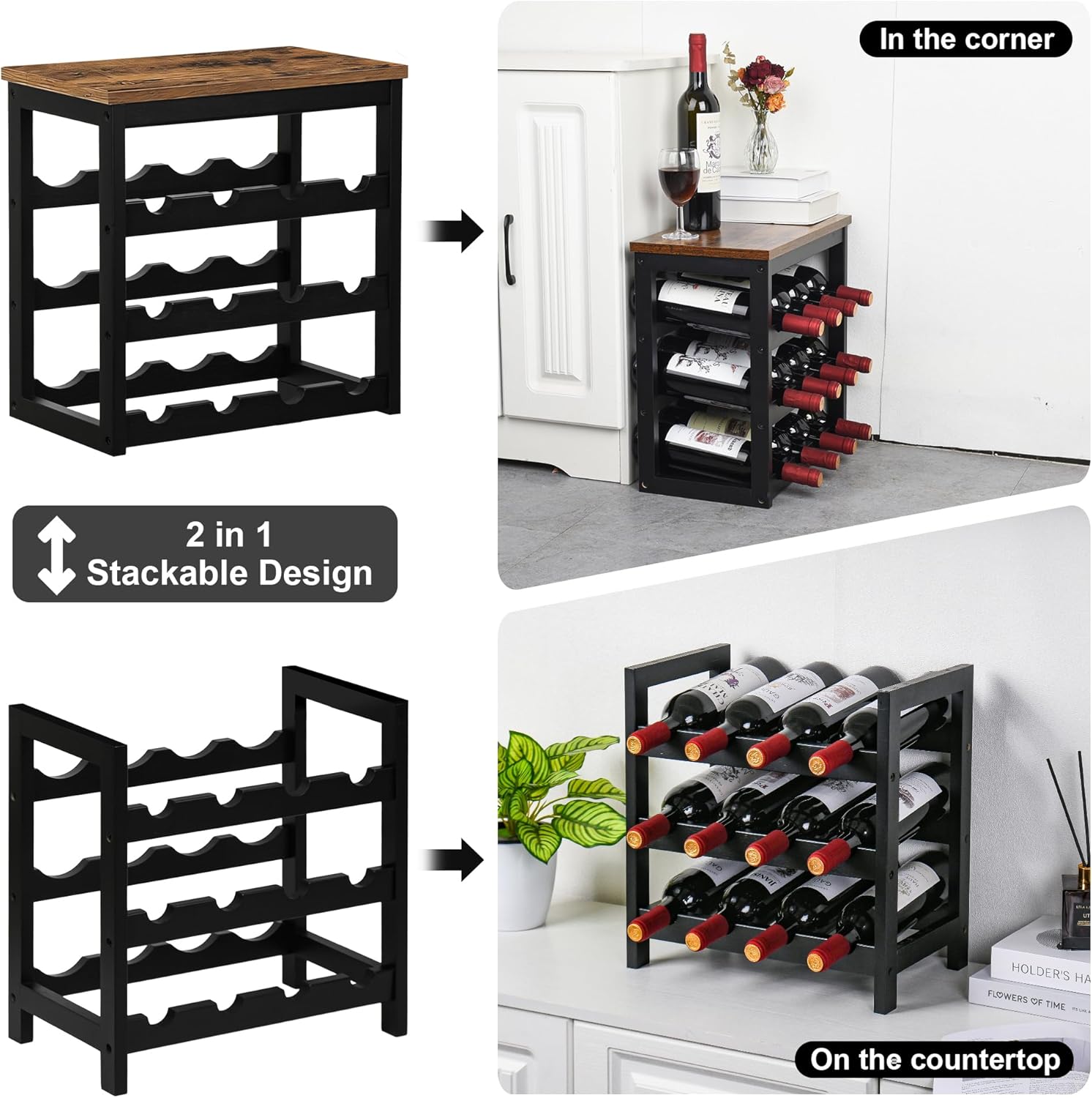 VASMIA 6-Tier Bamboo Wine Rack 24-Bottle Freestanding Storage Shelf