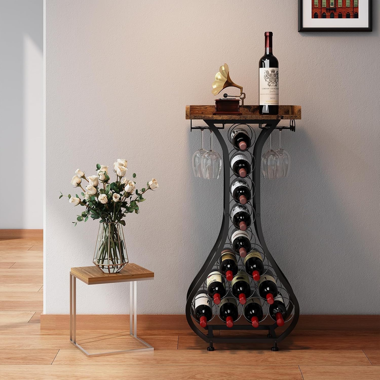 X-cosrack Freestanding Wine Rack with 14 Bottle Capacity and Glass Holder