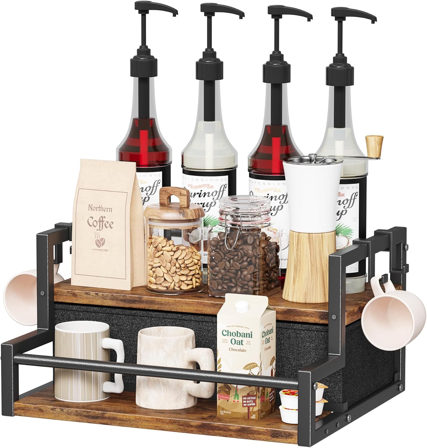 Homeiju Coffee Syrup 2-Tier Organizer Rack with Drawer