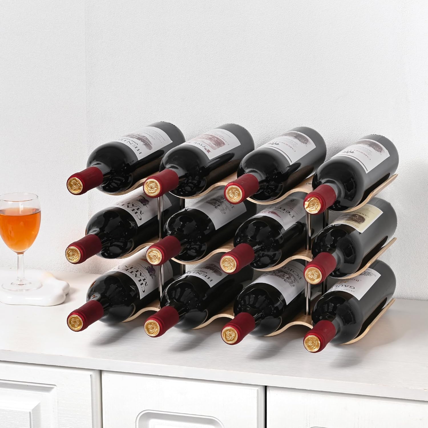 TRUDING 12 Bottle Freestanding Wine Rack - 3 Tier Wavy Wooden Storage Stand