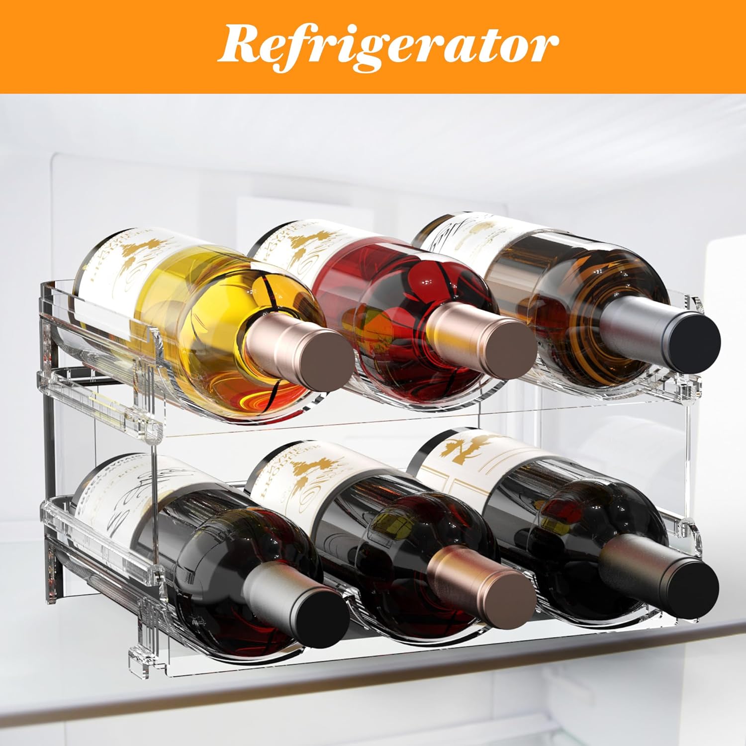 Stackable Wine Rack for Fridge 2 Tier Hold 6 Bottles