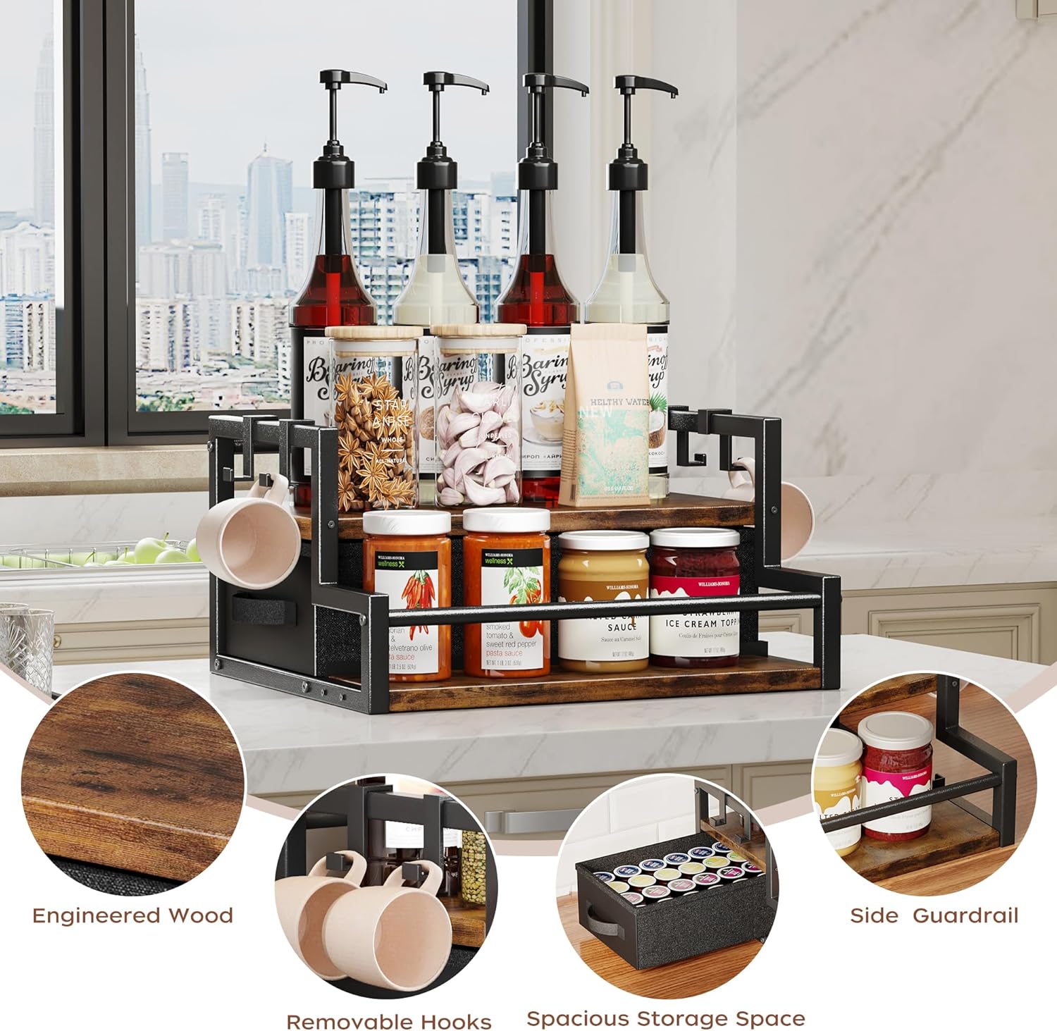 Homeiju Coffee Syrup 2-Tier Organizer Rack with Drawer