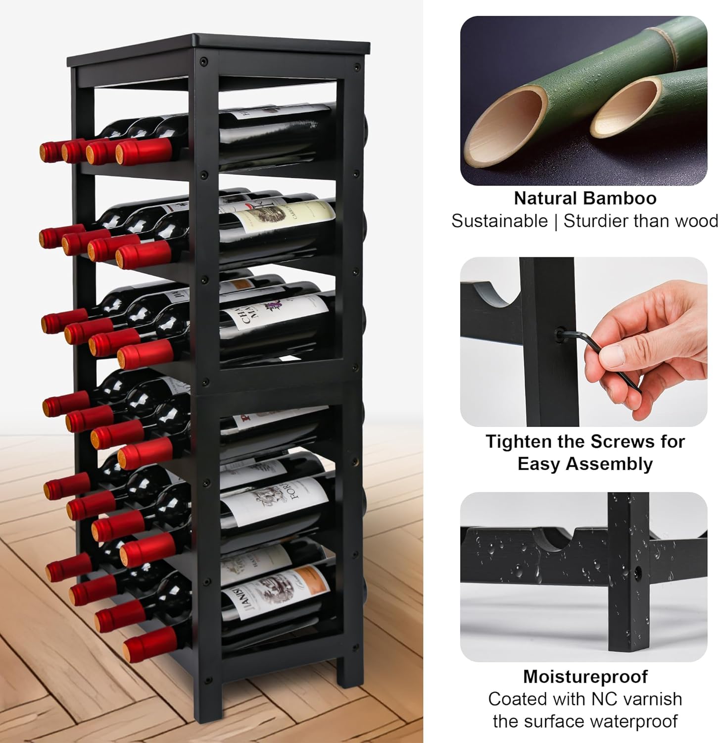 VASMIA 6-Tier Freestanding Bamboo Wine Rack Black