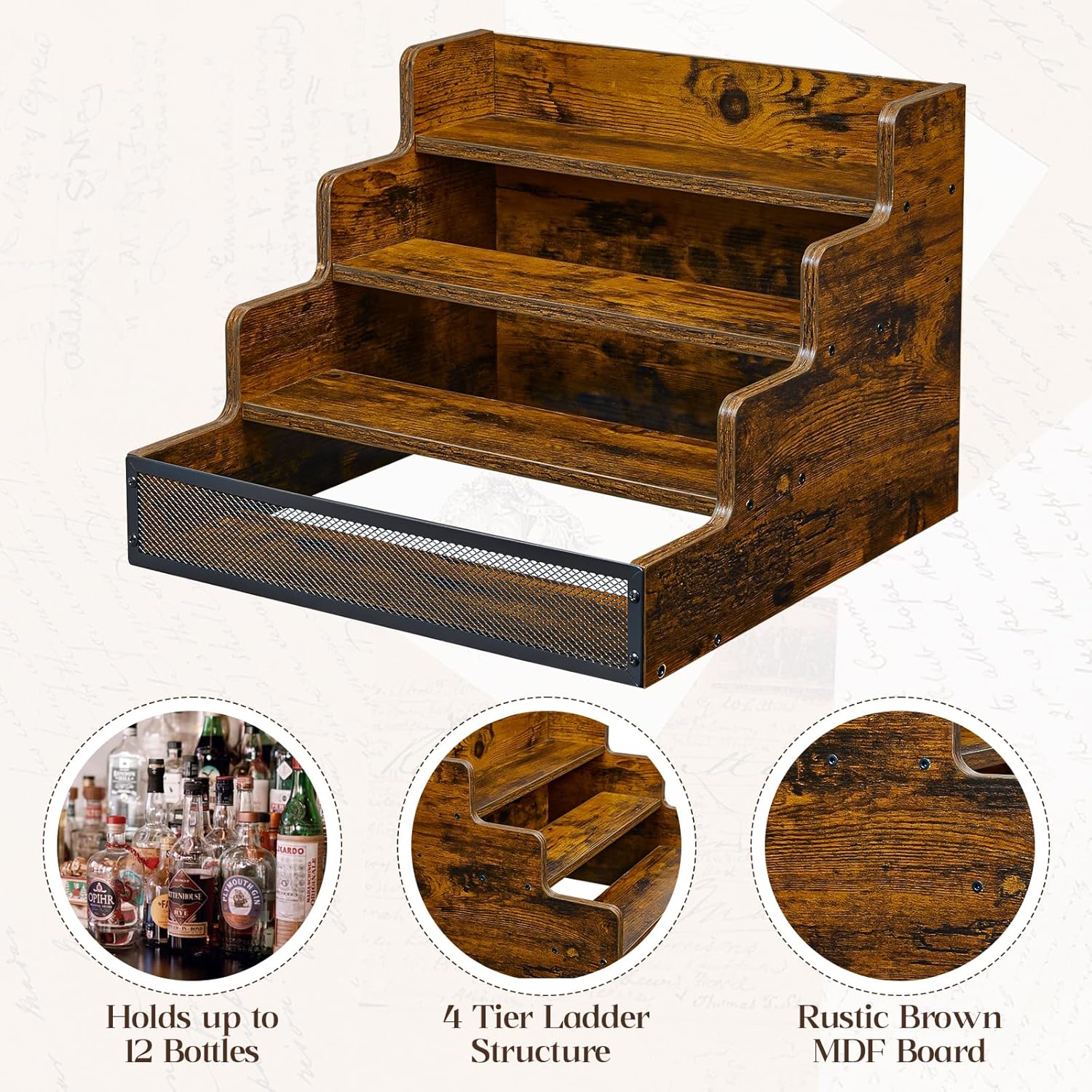 4 Tier Countertop Liquor Display Shelf with Fences
