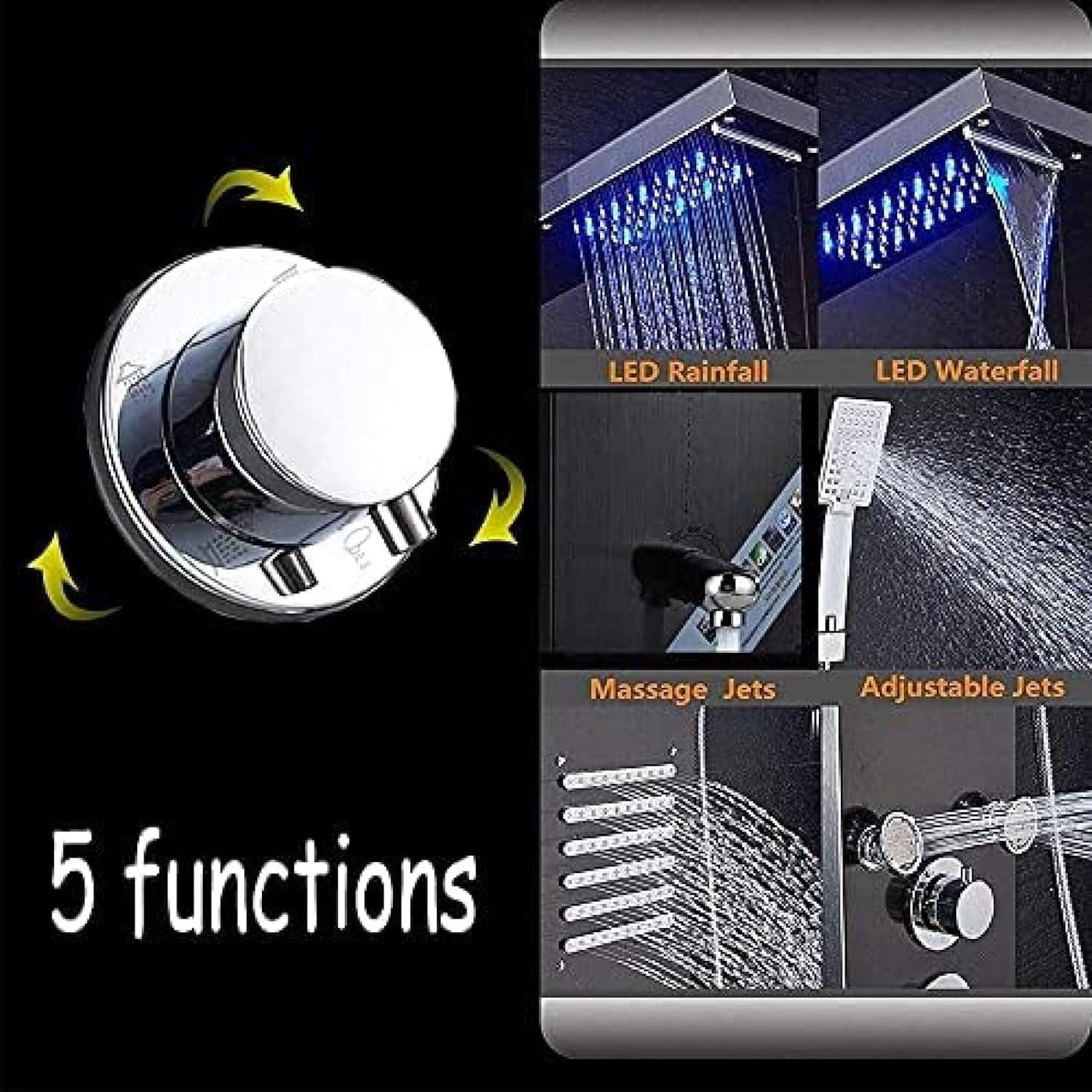 TECKI Shower Panel Column with 5 Functions Hydromassage and Handheld Shower - Gold Black