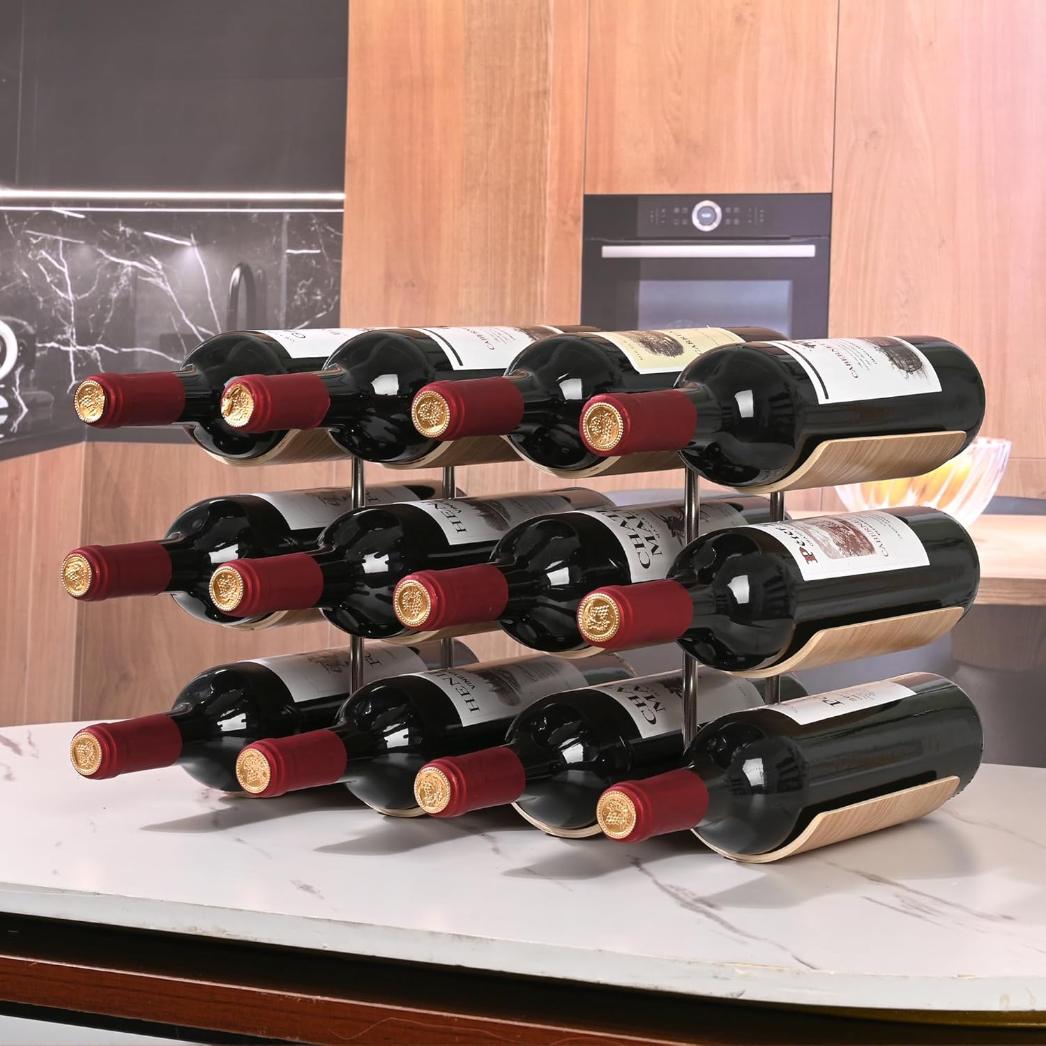 TRUDING 12 Bottle Freestanding Wine Rack - 3 Tier Wavy Wooden Storage Stand