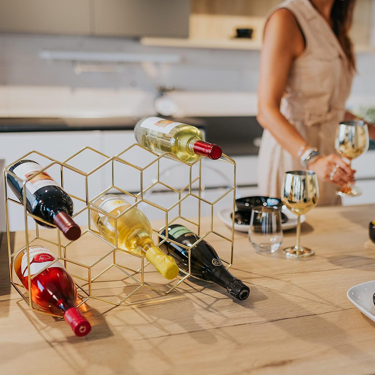 Gusto Nostro 14 Bottle Tabletop Wine Rack - Gold Metal 3 Tier Modern Design