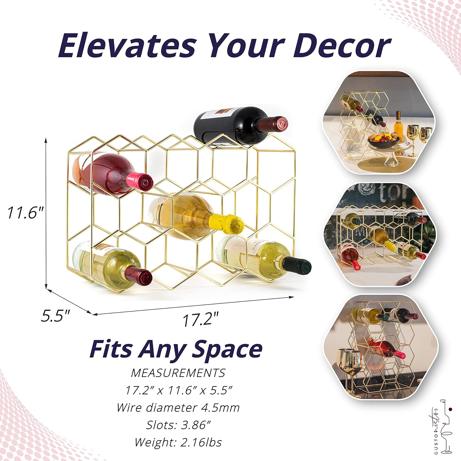 Gusto Nostro 14 Bottle Tabletop Wine Rack - Gold Metal 3 Tier Modern Design